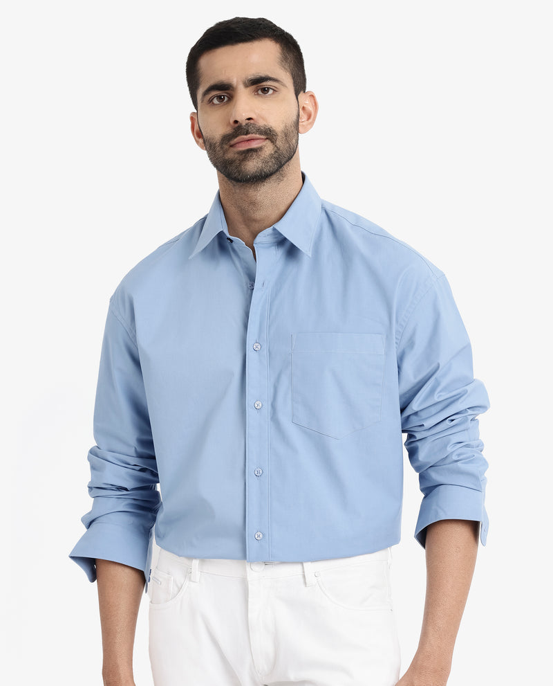 Rare Rabbit Men's Crofty Blue Cotton Lycra Fabric Full Sleeves Collared Neck Regular Fit Plain Shirt