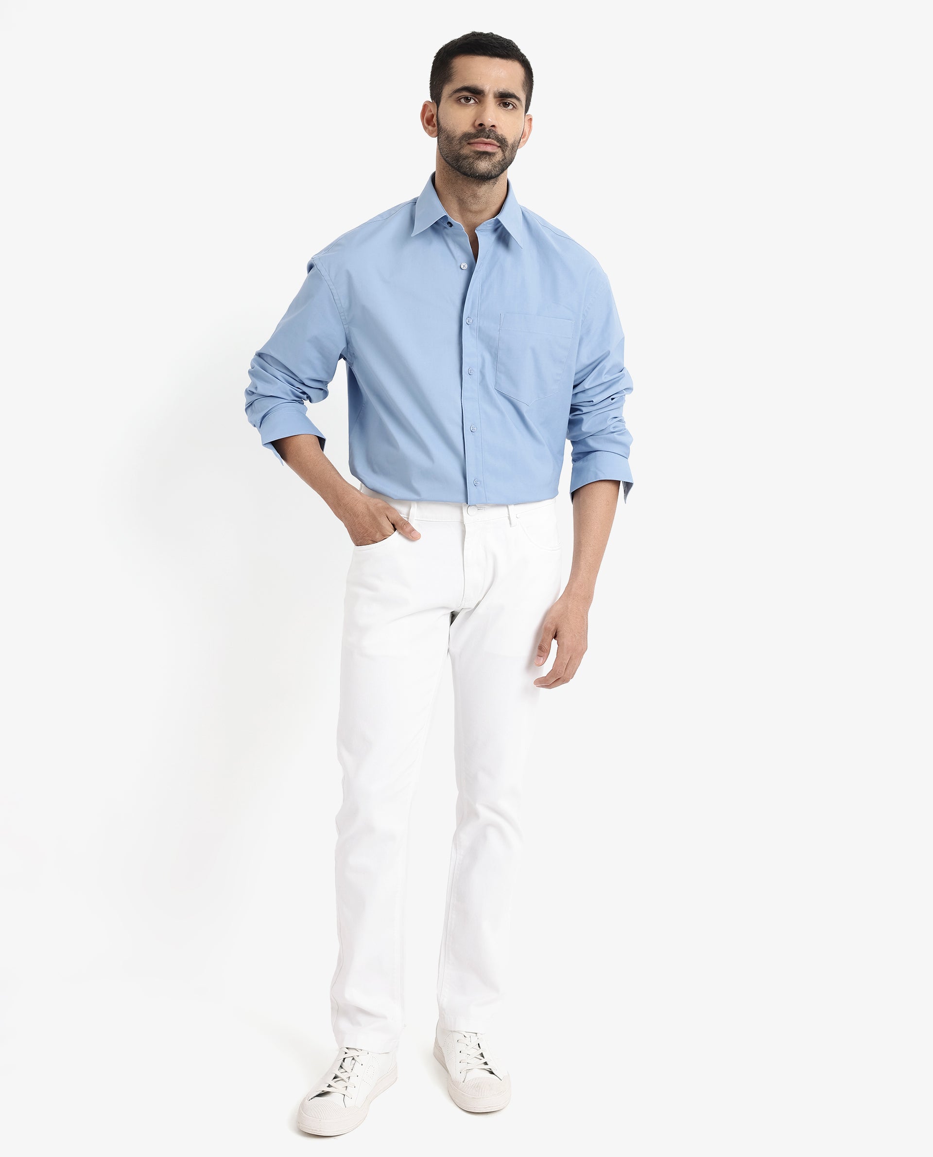 Rare Rabbit Men's Crofty Blue Cotton Lycra Fabric Full Sleeves Collared Neck Regular Fit Plain Shirt