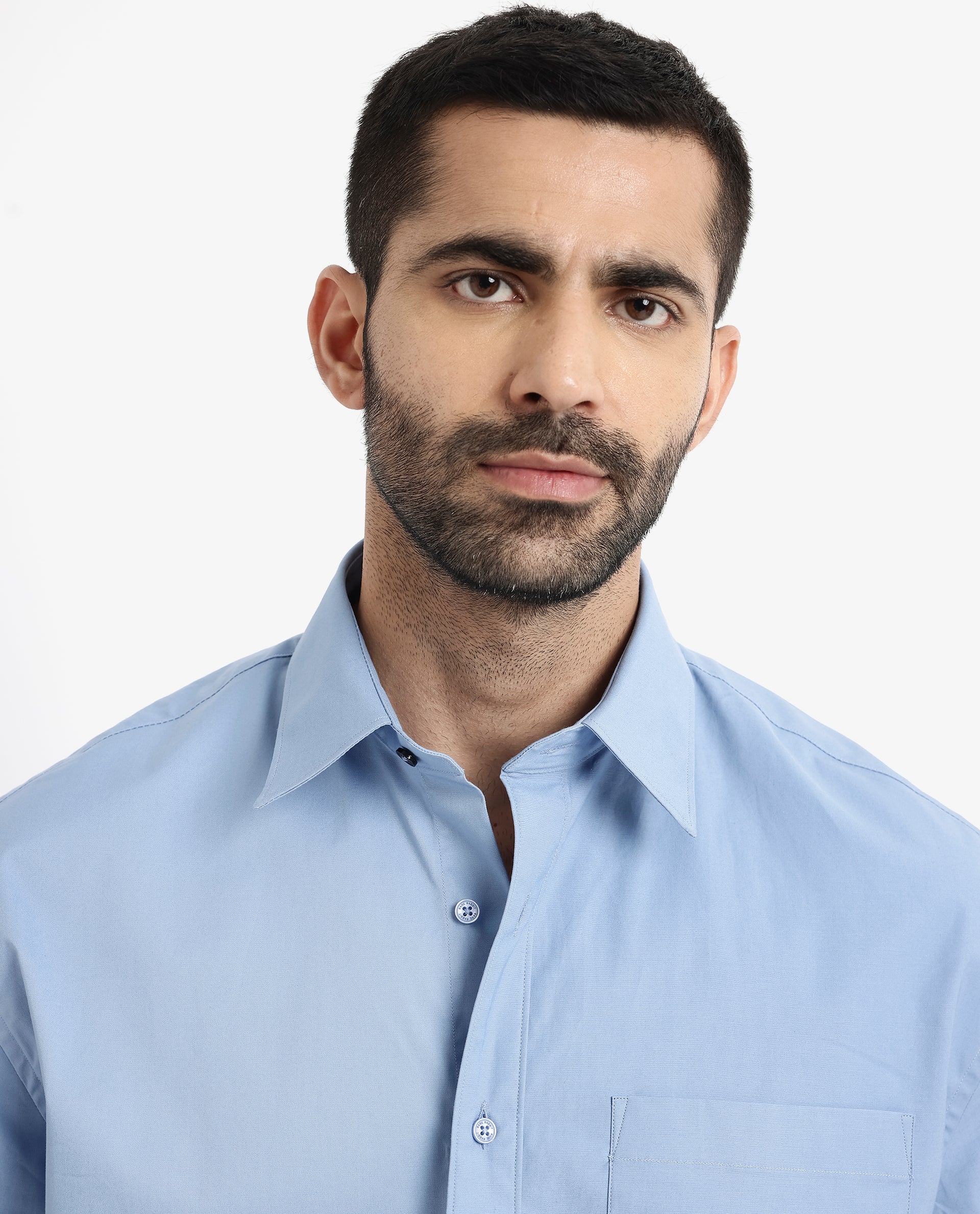 Rare Rabbit Men's Crofty Blue Cotton Lycra Fabric Full Sleeves Collared Neck Regular Fit Plain Shirt