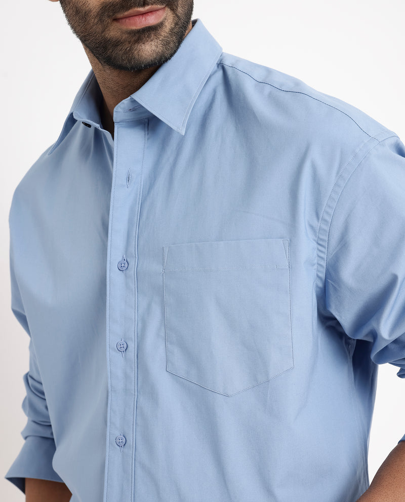 Rare Rabbit Men's Crofty Blue Cotton Lycra Fabric Full Sleeves Collared Neck Regular Fit Plain Shirt