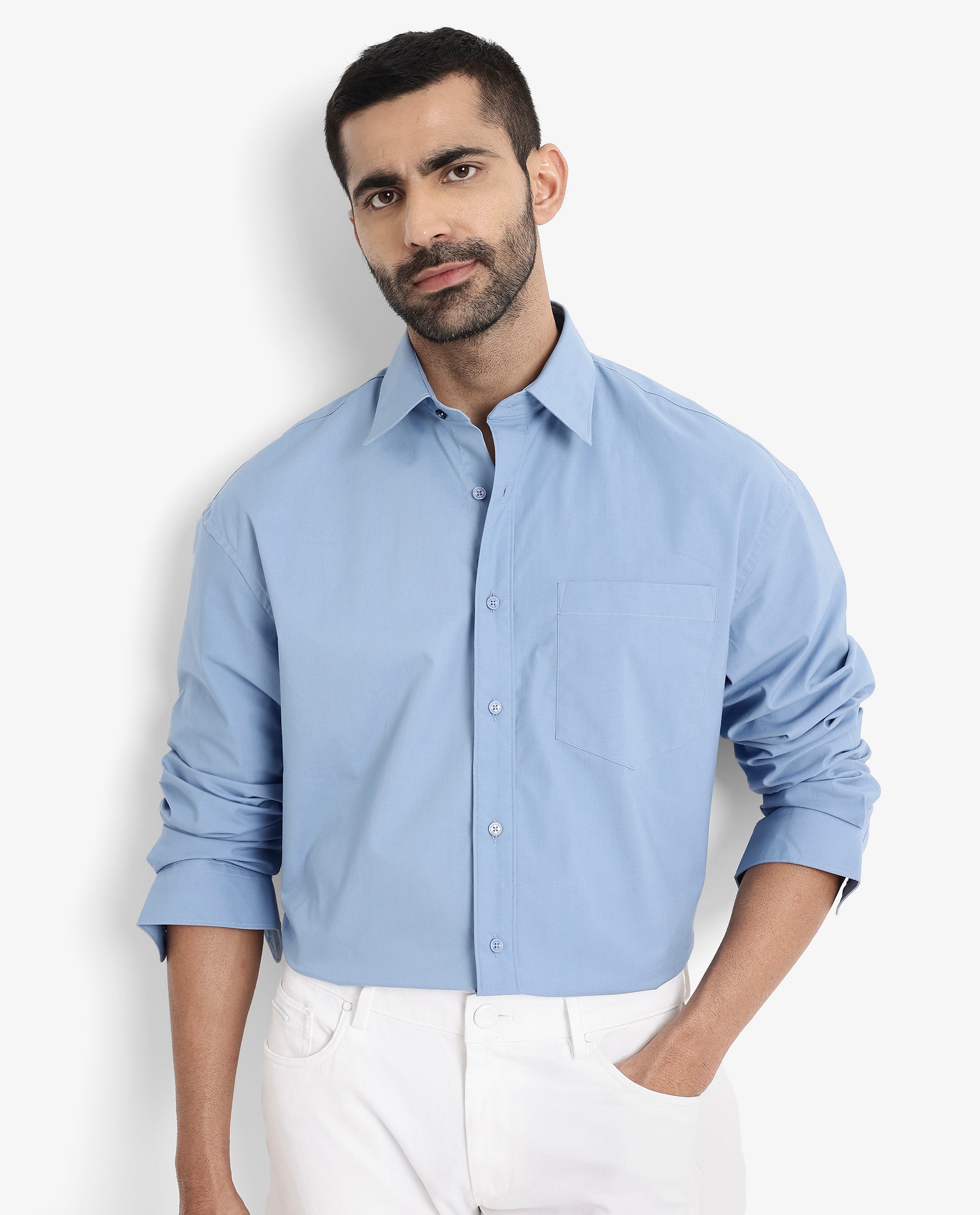 Rare Rabbit Men's Crofty Blue Cotton Lycra Fabric Full Sleeves Collared Neck Regular Fit Plain Shirt