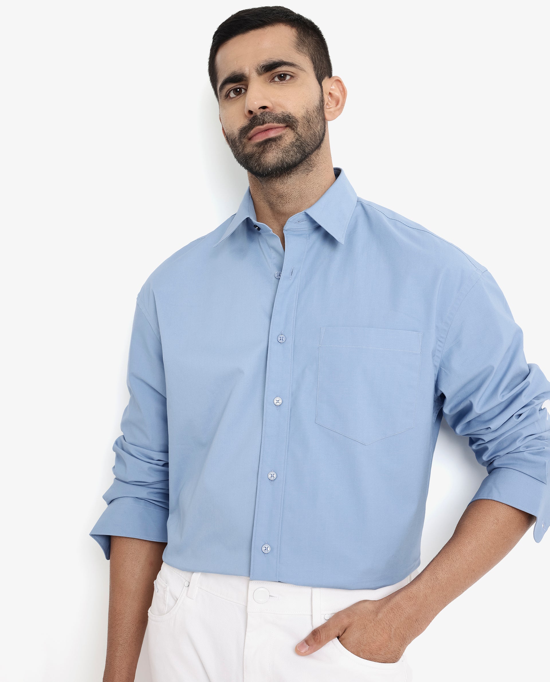 Rare Rabbit Men's Crofty Blue Cotton Lycra Fabric Full Sleeves Collared Neck Regular Fit Plain Shirt