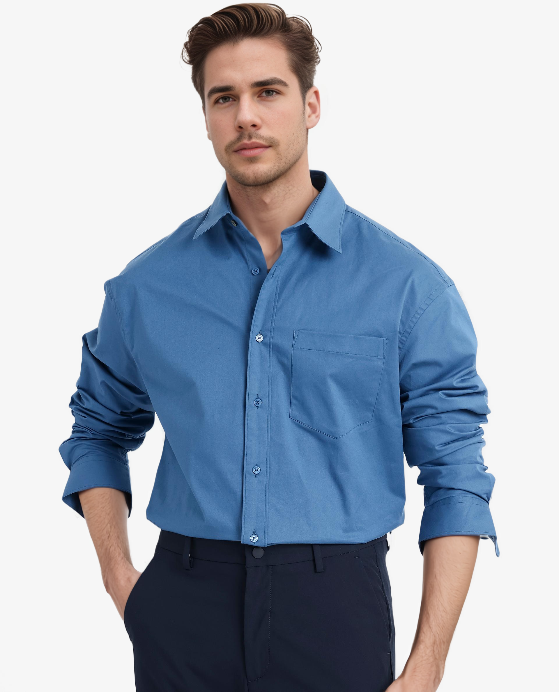 Rare Rabbit Men's Crofty Dark Blue Cotton Lycra Fabric Full Sleeves Collared Neck Regular Fit Plain Shirt