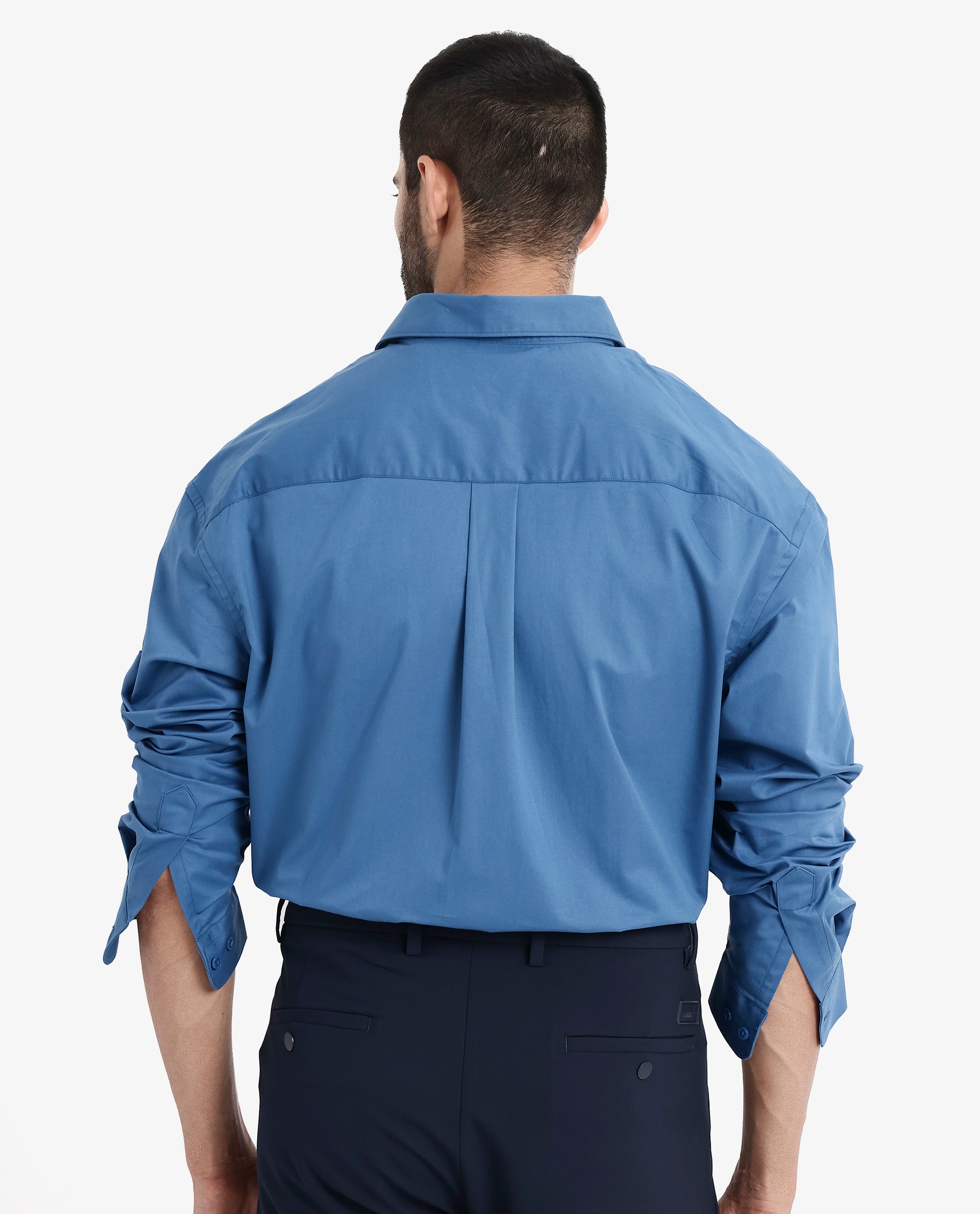 Rare Rabbit Men's Crofty Dark Blue Cotton Lycra Fabric Full Sleeves Collared Neck Regular Fit Plain Shirt