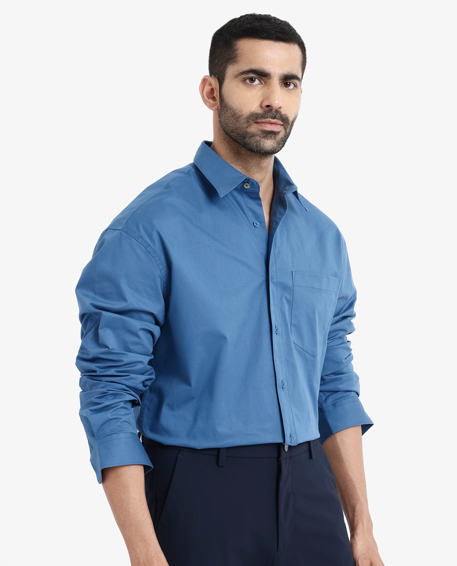 Rare Rabbit Men's Crofty Dark Blue Cotton Lycra Fabric Full Sleeves Collared Neck Regular Fit Plain Shirt