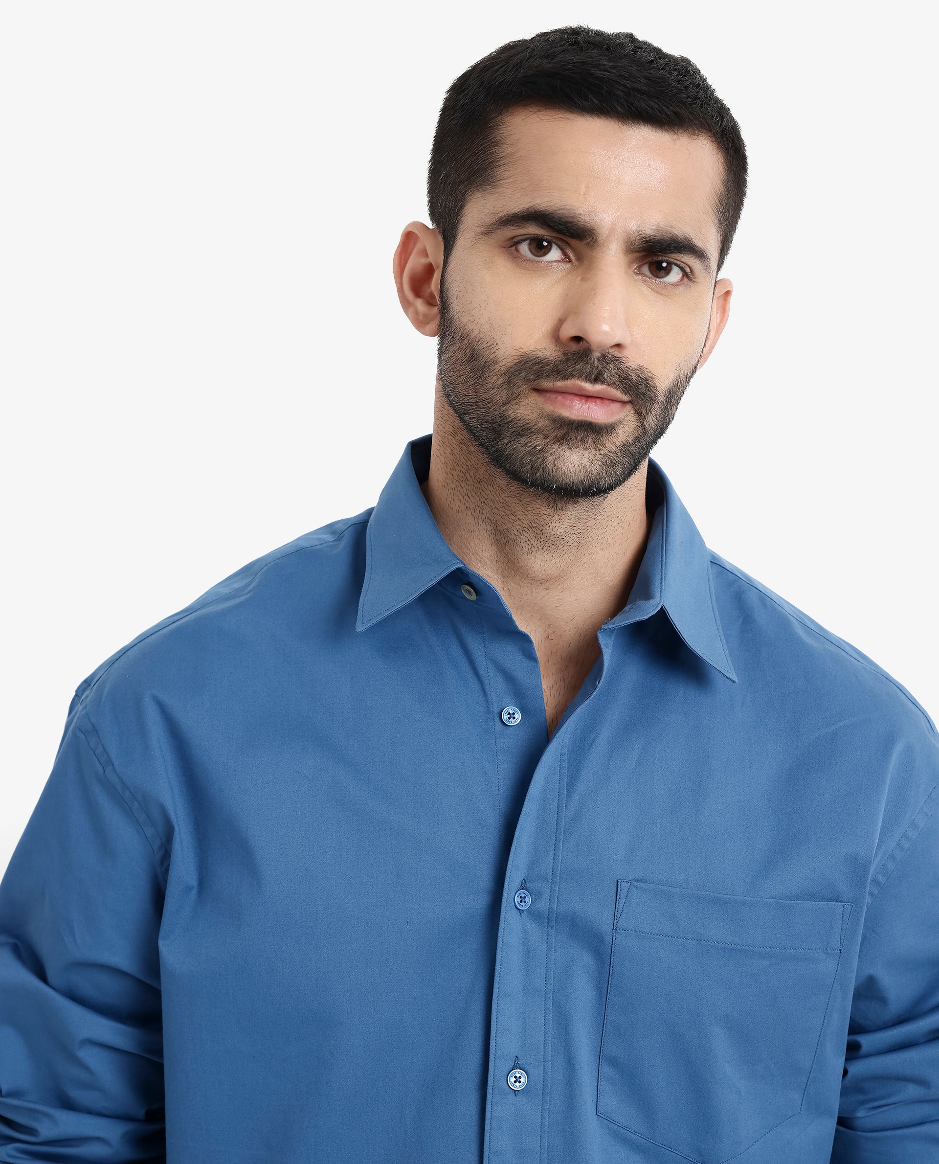 Rare Rabbit Men's Crofty Dark Blue Cotton Lycra Fabric Full Sleeves Collared Neck Regular Fit Plain Shirt