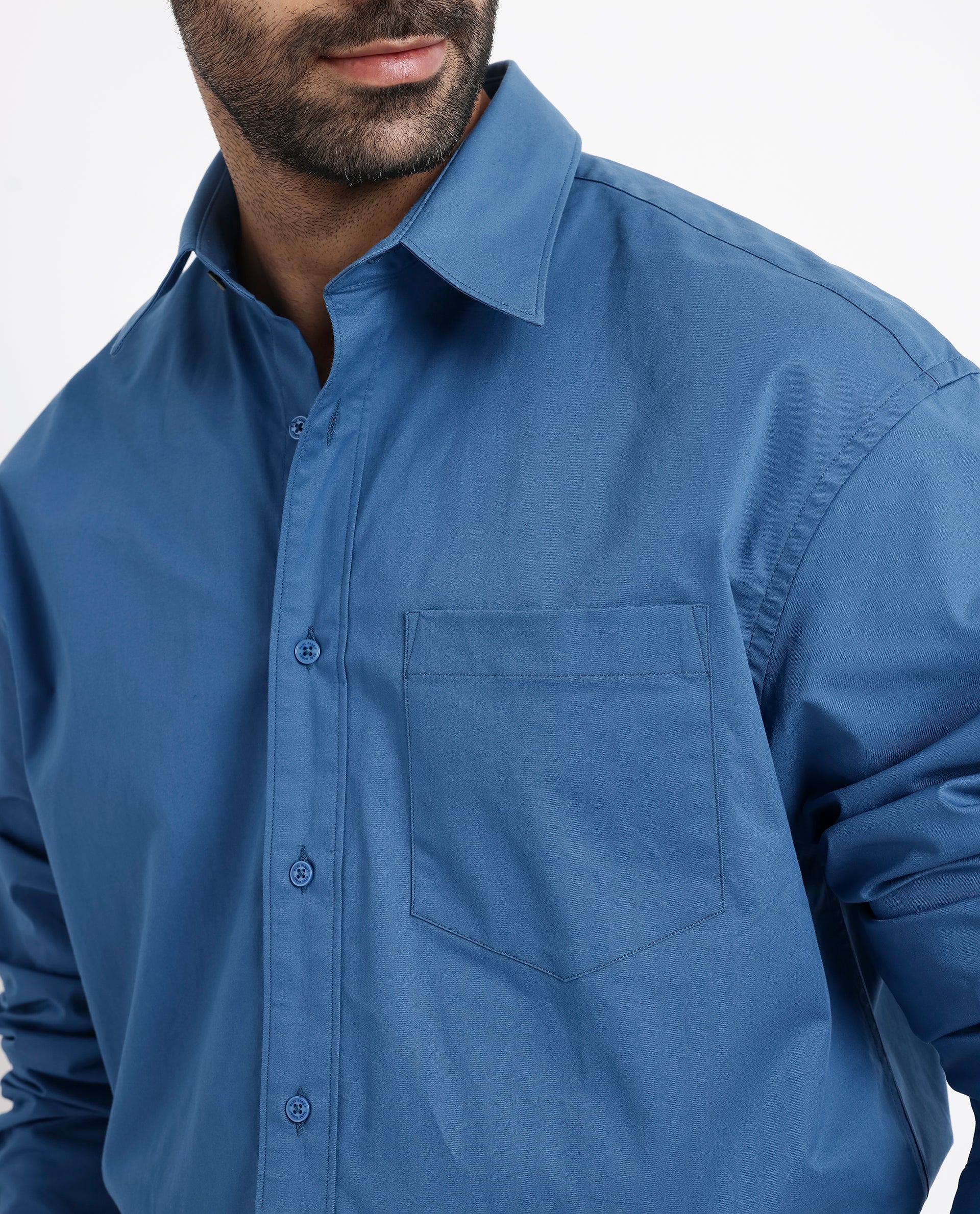 Rare Rabbit Men's Crofty Dark Blue Cotton Lycra Fabric Full Sleeves Collared Neck Regular Fit Plain Shirt