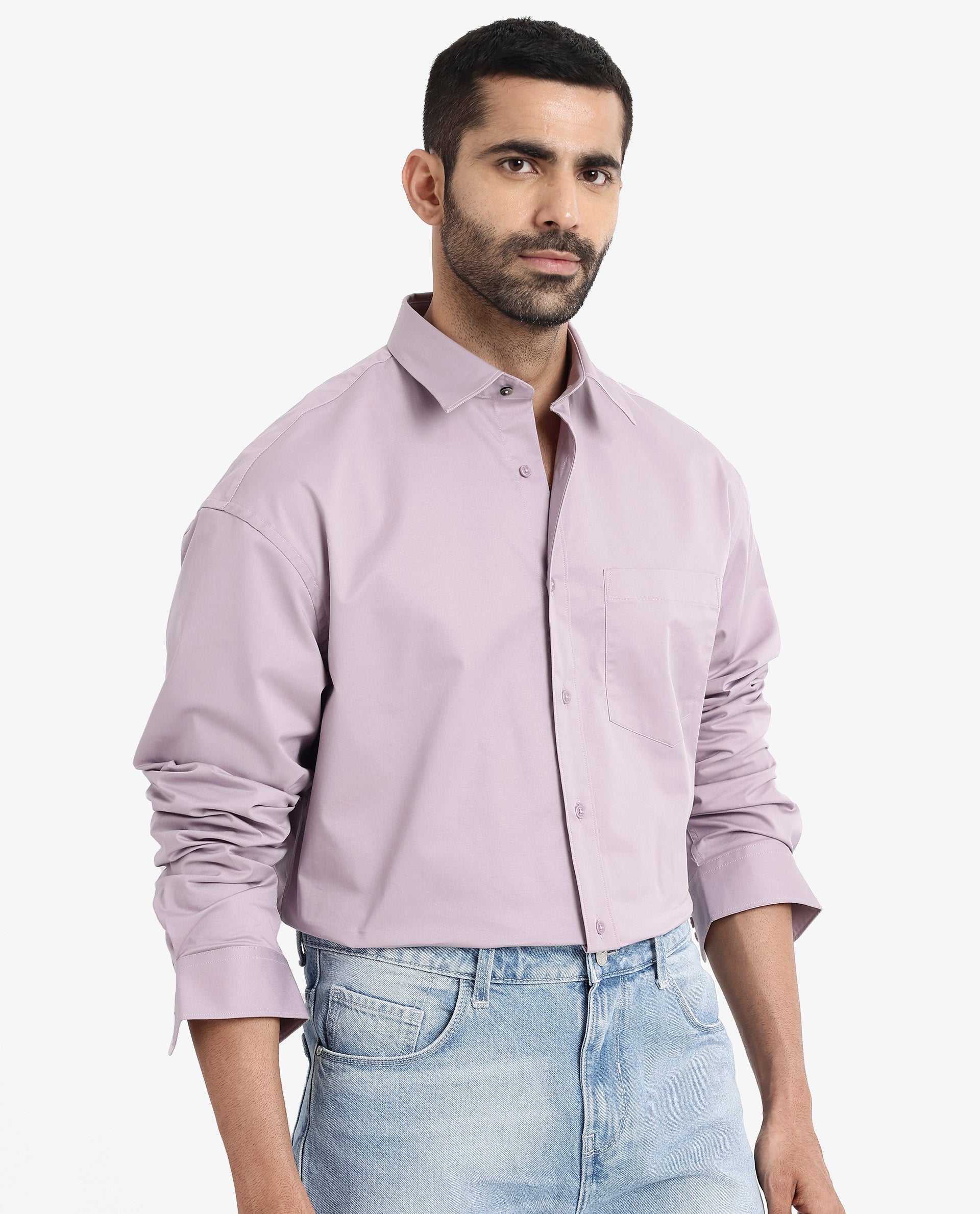 Rare Rabbit Men's Crofty Dusky Purple Cotton Lycra Fabric Full Sleeves Collared Neck Regular Fit Plain Shirt