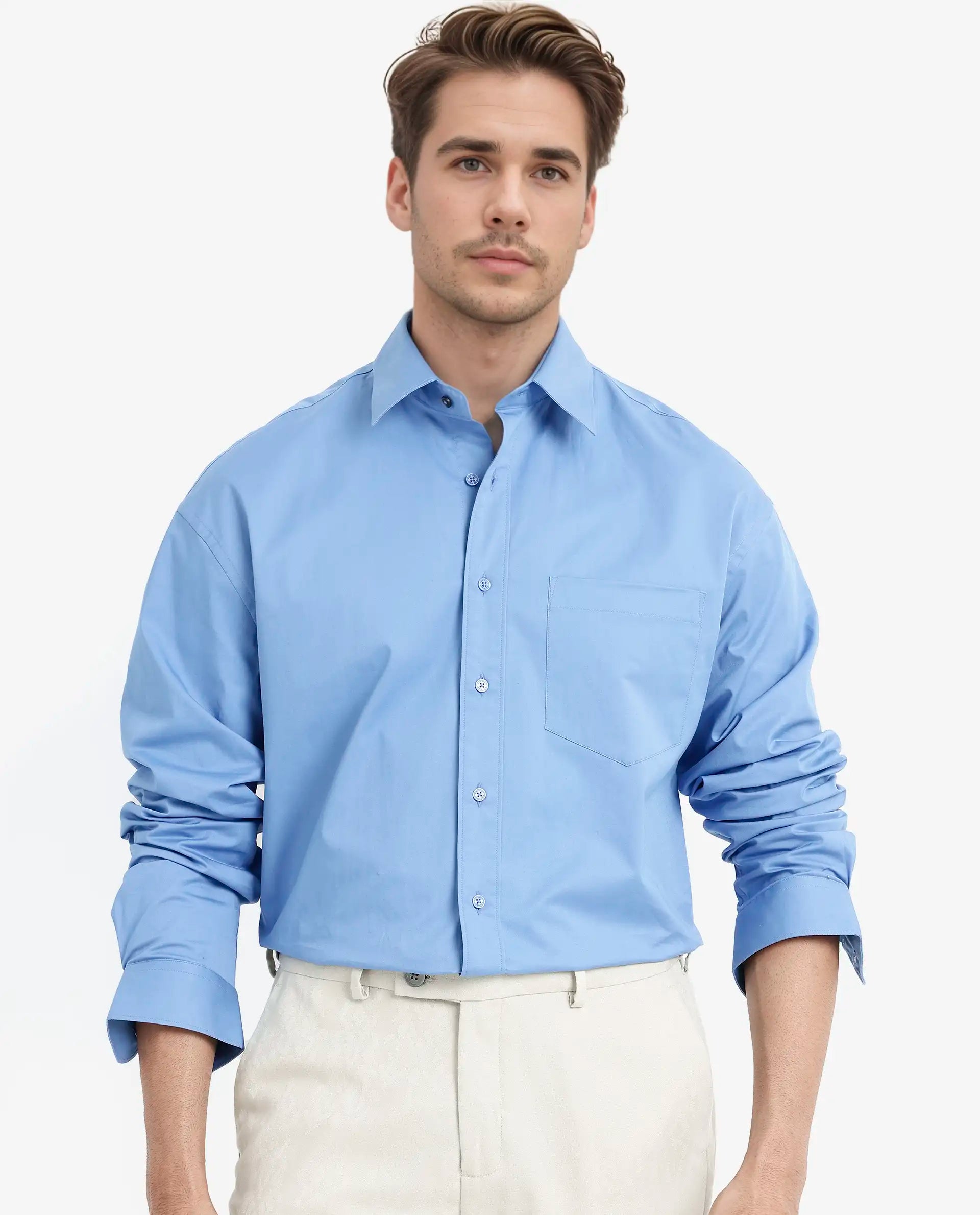 Rare Rabbit Men's Crofty Light Blue Cotton Plain Boxy Fit Full Sleeve Collared Shirt