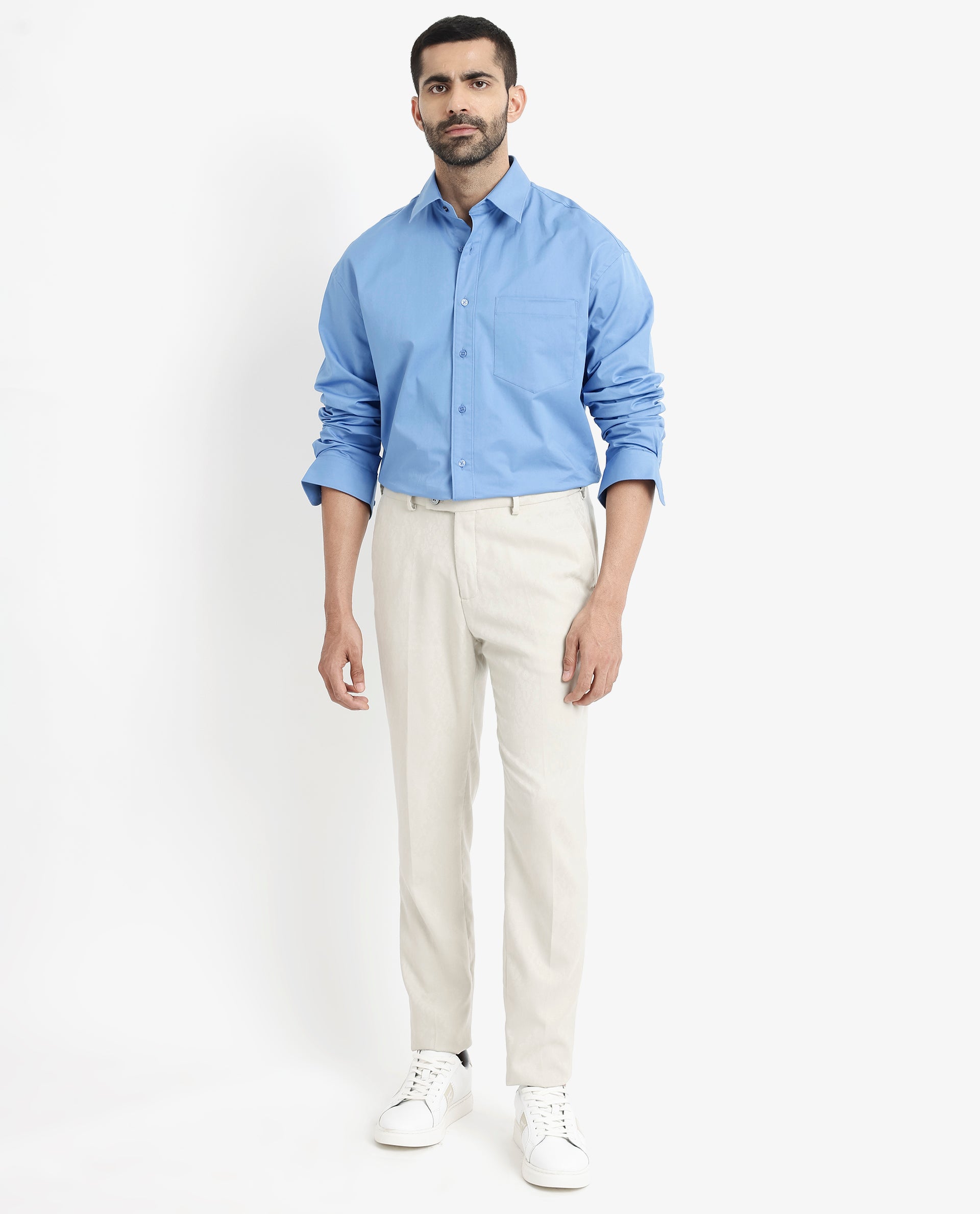 Rare Rabbit Men's Crofty Light Blue Cotton Lycra Fabric Full Sleeves Collared Neck Regular Fit Plain Shirt