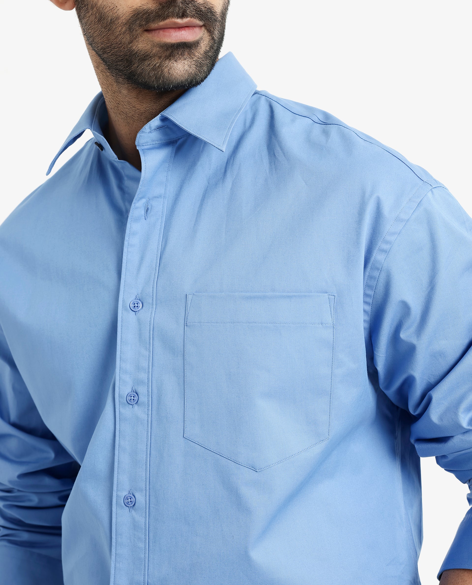 Rare Rabbit Men's Crofty Light Blue Cotton Lycra Fabric Full Sleeves Collared Neck Regular Fit Plain Shirt