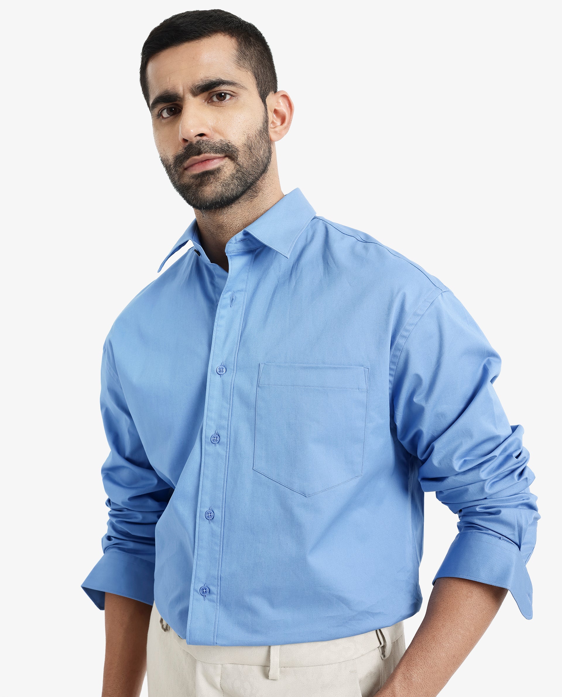 Rare Rabbit Men's Crofty Light Blue Cotton Lycra Fabric Full Sleeves Collared Neck Regular Fit Plain Shirt