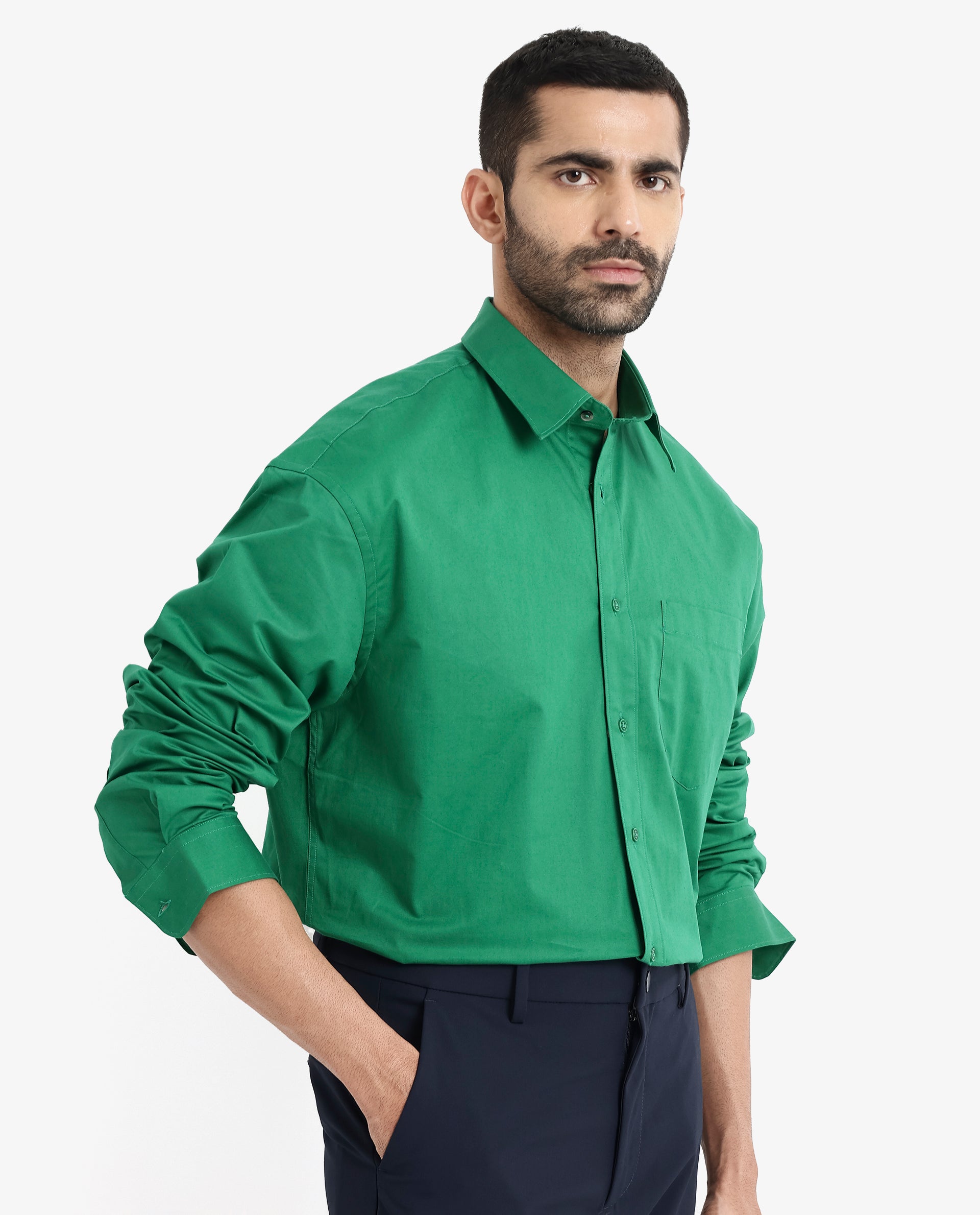 Rare Rabbit Men's Crofty Green Cotton Lycra Fabric Full Sleeves Collared Neck Regular Fit Plain Shirt