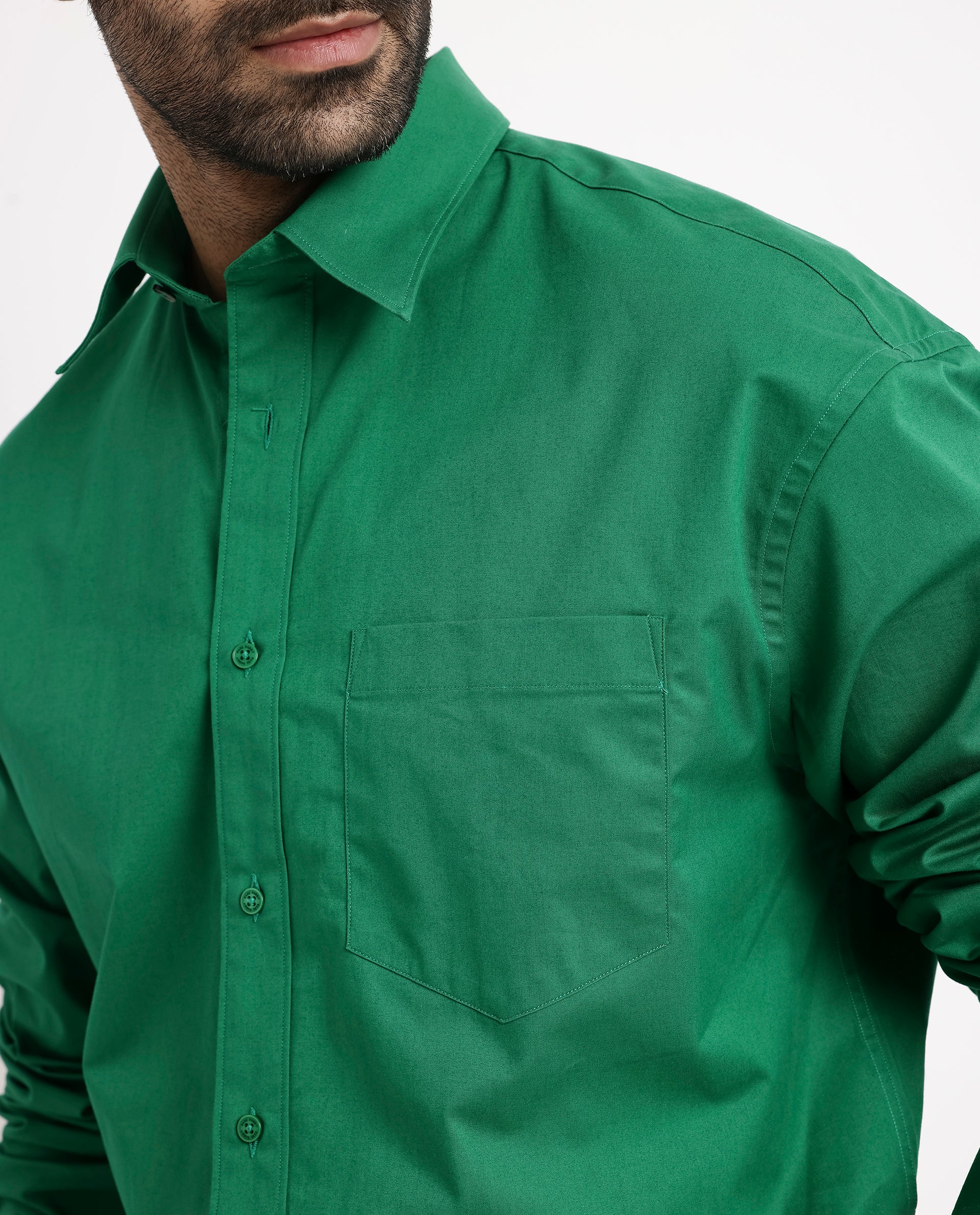 Rare Rabbit Men's Crofty Green Cotton Lycra Fabric Full Sleeves Collared Neck Regular Fit Plain Shirt