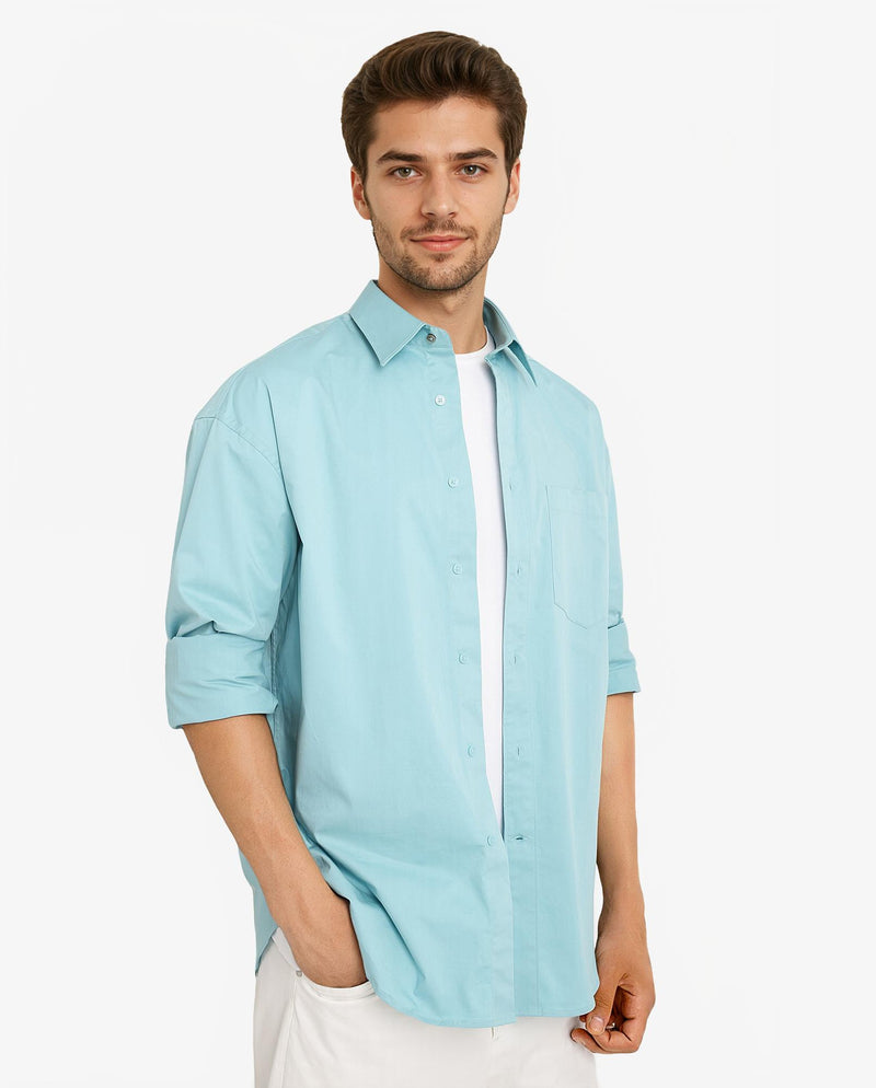 Rare Rabbit Men's Crofty Pastel Blue Cotton Lycra Fabric Full Sleeves Collared Neck Regular Fit Plain Shirt