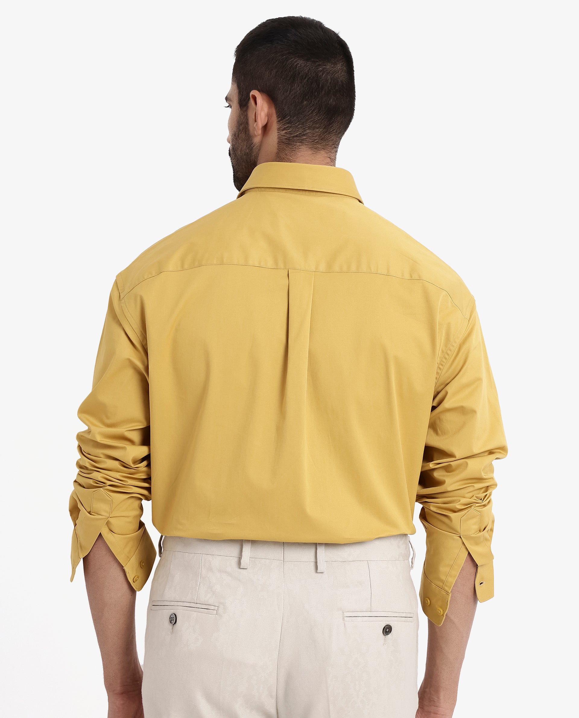 Rare Rabbit Men's Crofty Yellow Cotton Lycra Fabric Full Sleeves Collared Neck Regular Fit Plain Shirt
