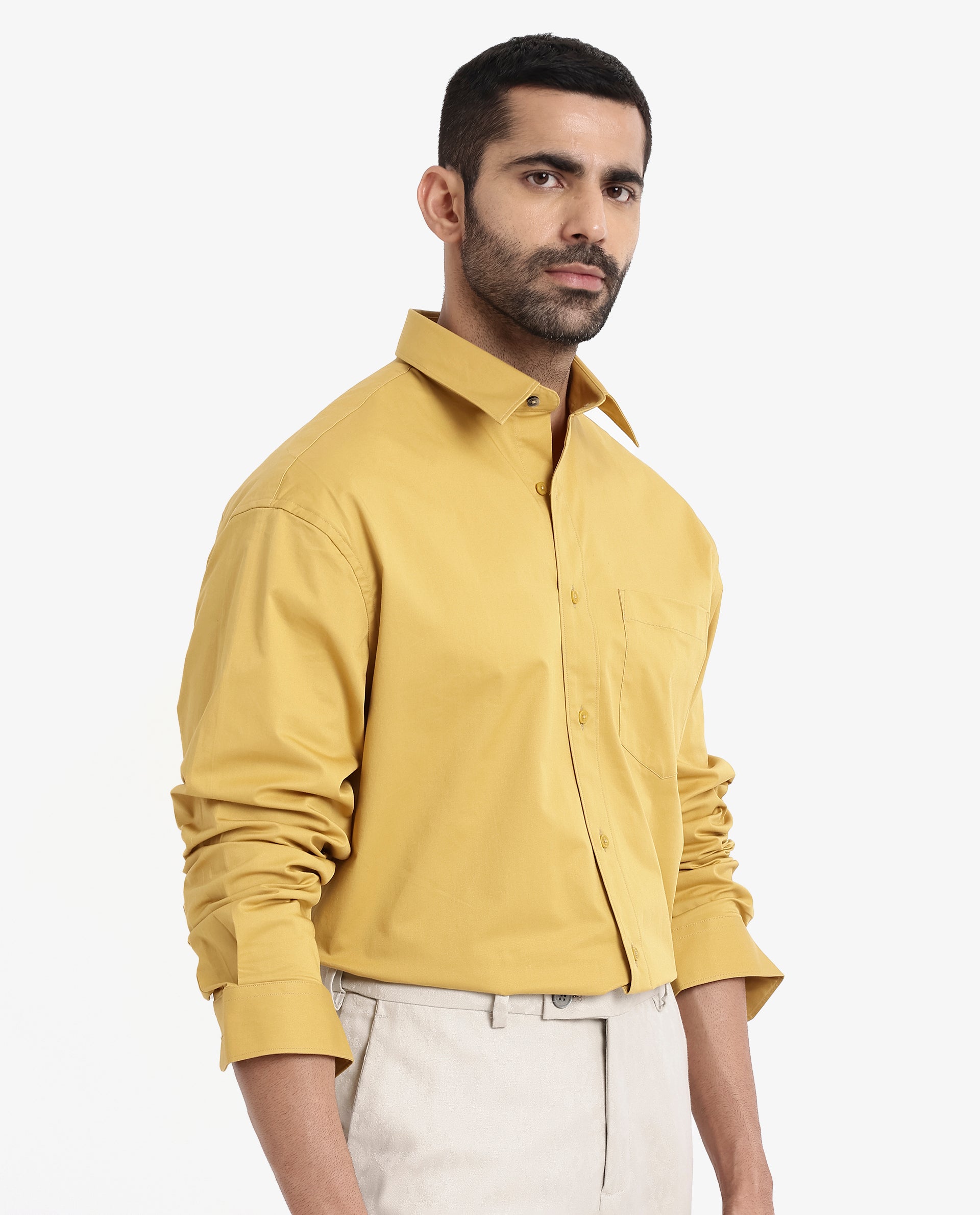 Rare Rabbit Men's Crofty Yellow Cotton Lycra Fabric Full Sleeves Collared Neck Regular Fit Plain Shirt