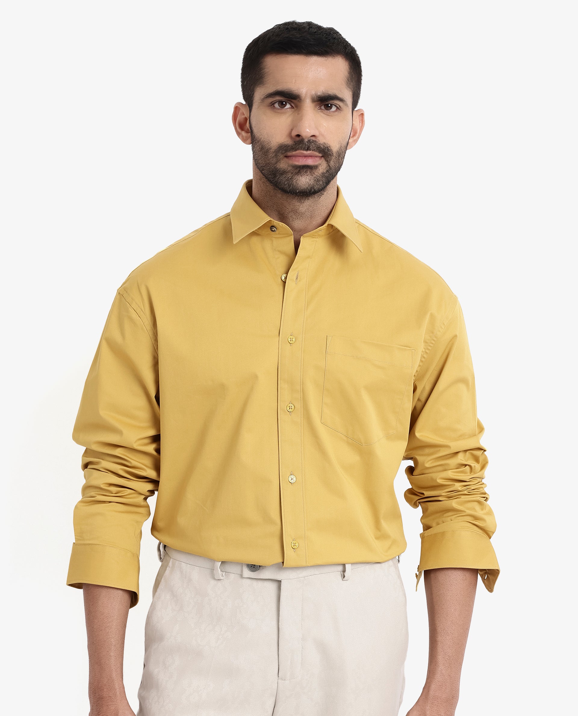 Rare Rabbit Men's Crofty Yellow Cotton Lycra Fabric Full Sleeves Collared Neck Regular Fit Plain Shirt