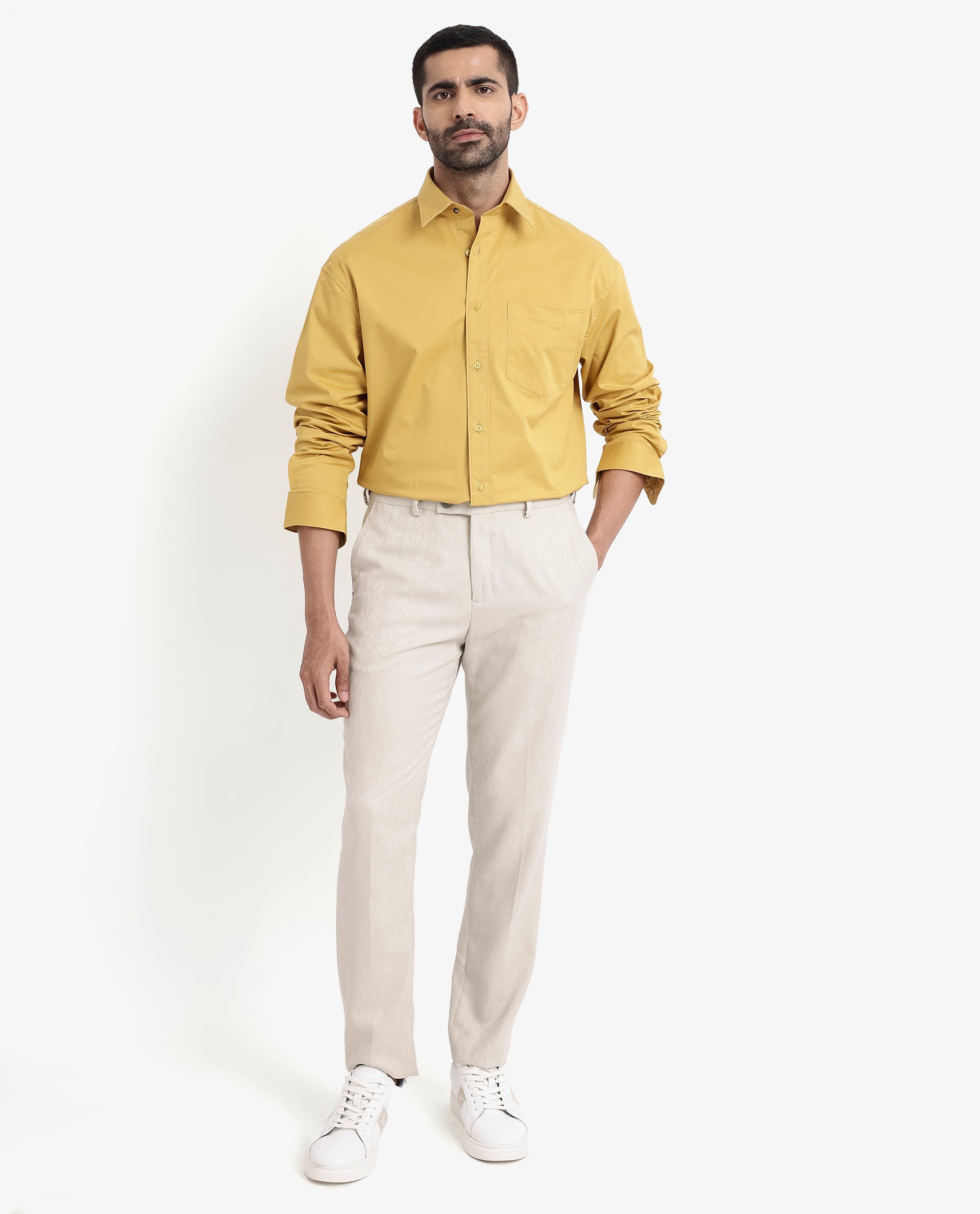 Rare Rabbit Men's Crofty Yellow Cotton Lycra Fabric Full Sleeves Collared Neck Regular Fit Plain Shirt