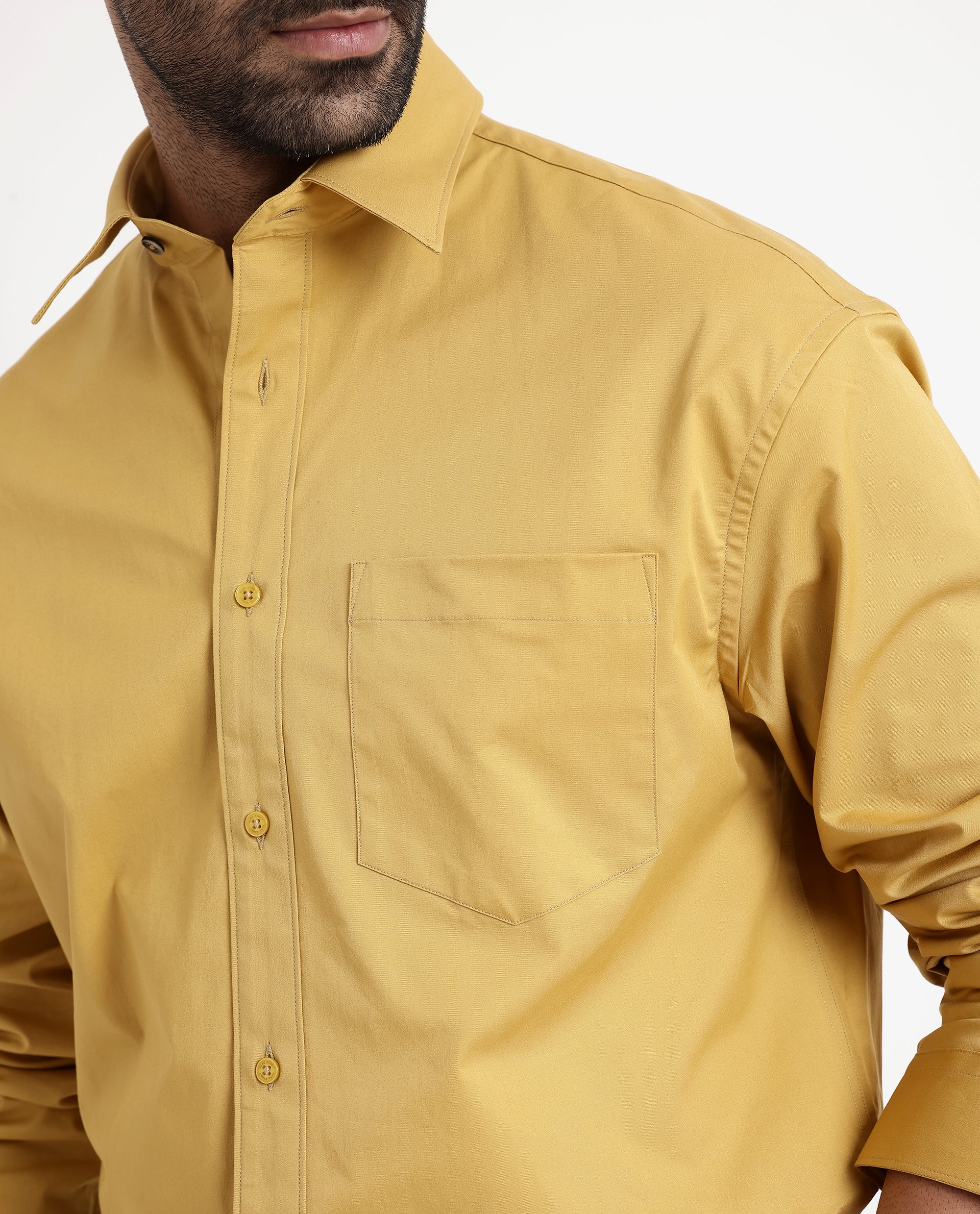 Rare Rabbit Men's Crofty Yellow Cotton Lycra Fabric Full Sleeves Collared Neck Regular Fit Plain Shirt