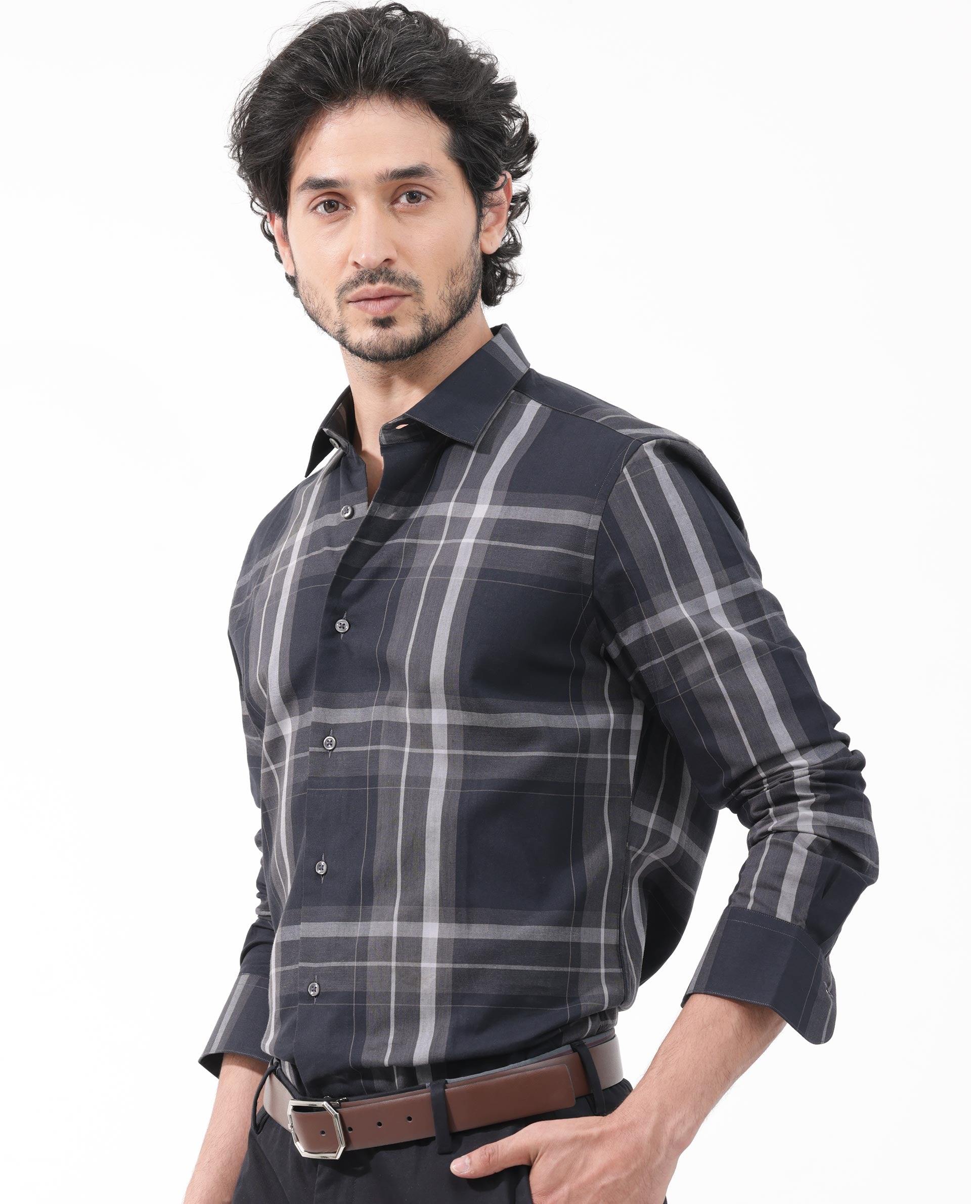 Rare Rabbit Mens Cromet Black Full Sleeve Cotton Fabric Regular Fit Checks Shirt