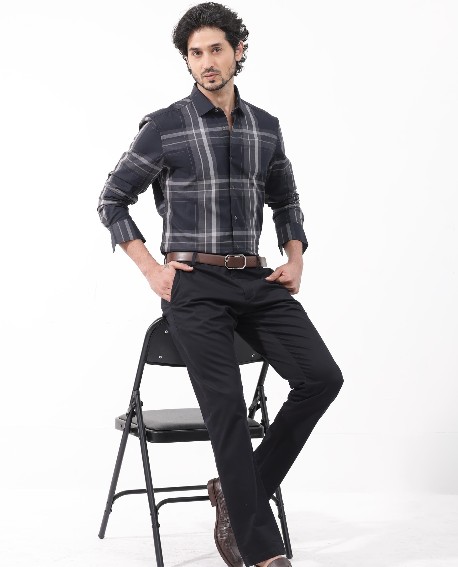 Rare Rabbit Mens Cromet Black Full Sleeve Cotton Fabric Regular Fit Checks Shirt