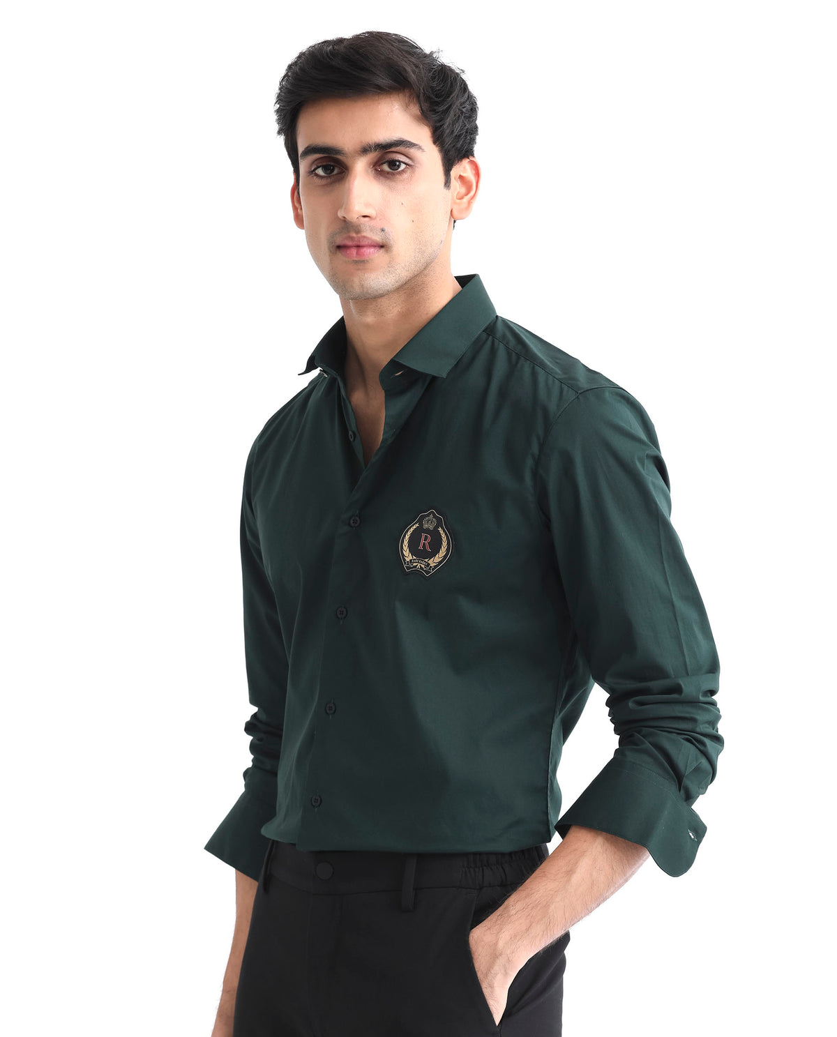 Rare Rabbit Men's Cron Dark Green Cotton Lycra Fabric Full Sleeves Shirt