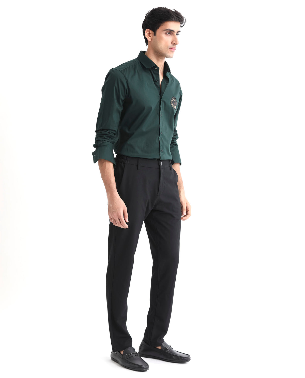 Rare Rabbit Men's Cron Dark Green Cotton Lycra Fabric Full Sleeves Shirt