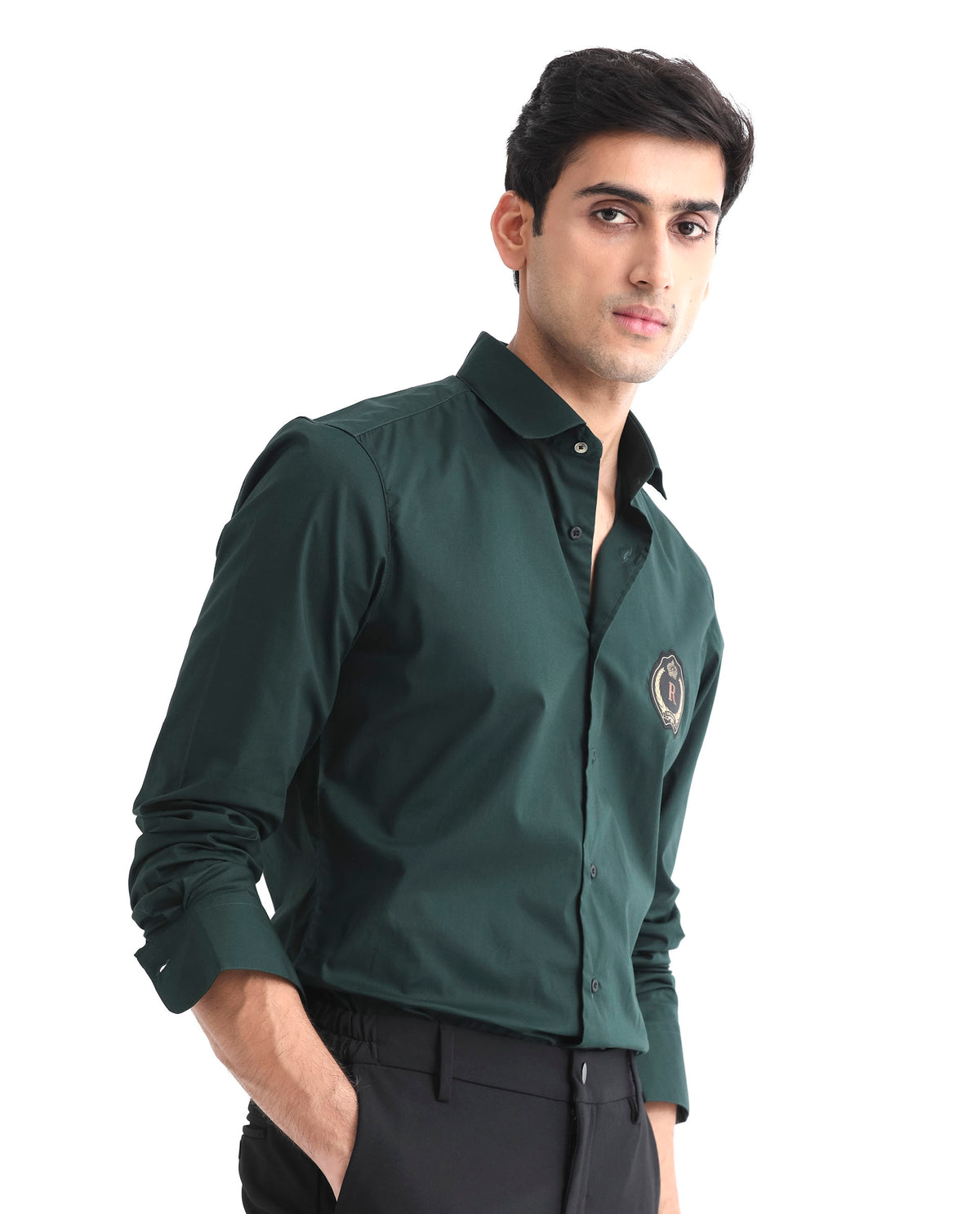 Rare Rabbit Men's Cron Dark Green Cotton Lycra Fabric Full Sleeves Shirt