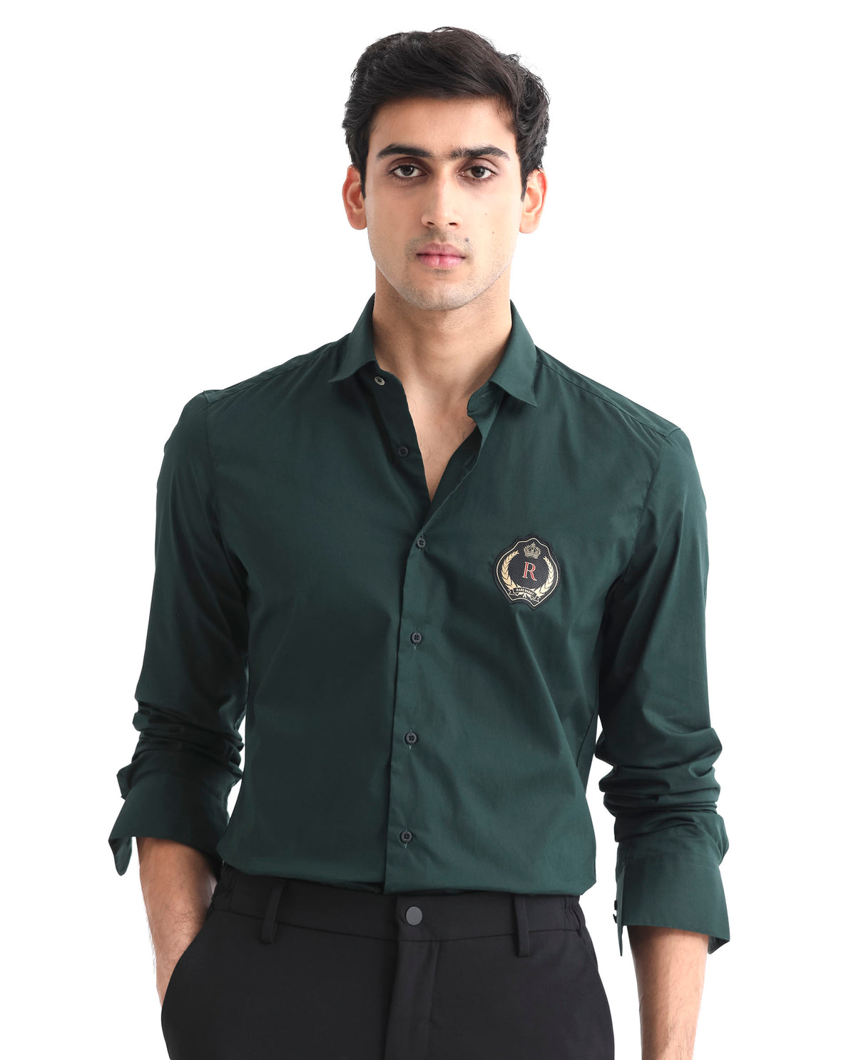 Rare Rabbit Men's Cron Dark Green Cotton Lycra Fabric Full Sleeves Shirt