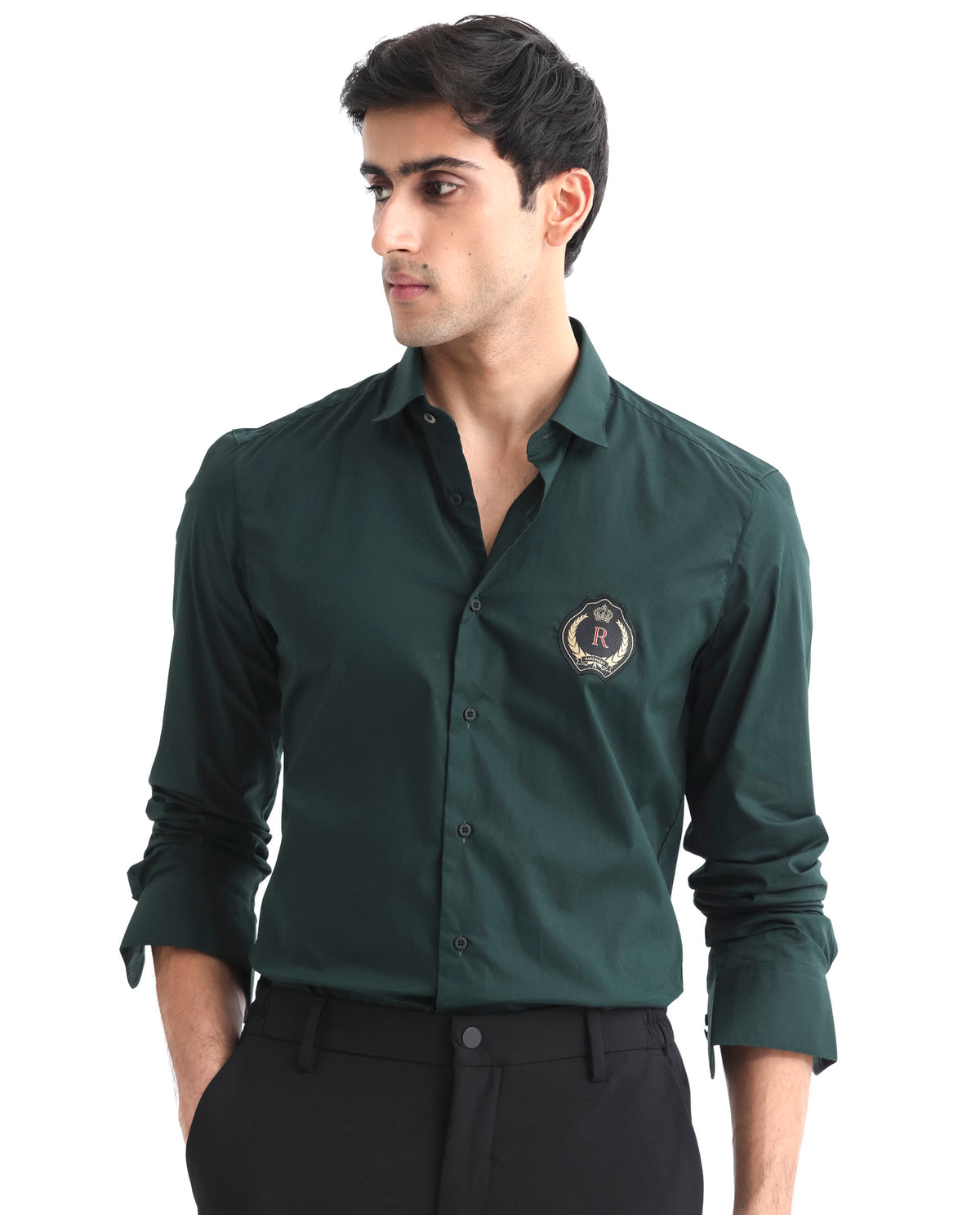 Rare Rabbit Men's Cron Dark Green Cotton Lycra Fabric Full Sleeves Shirt