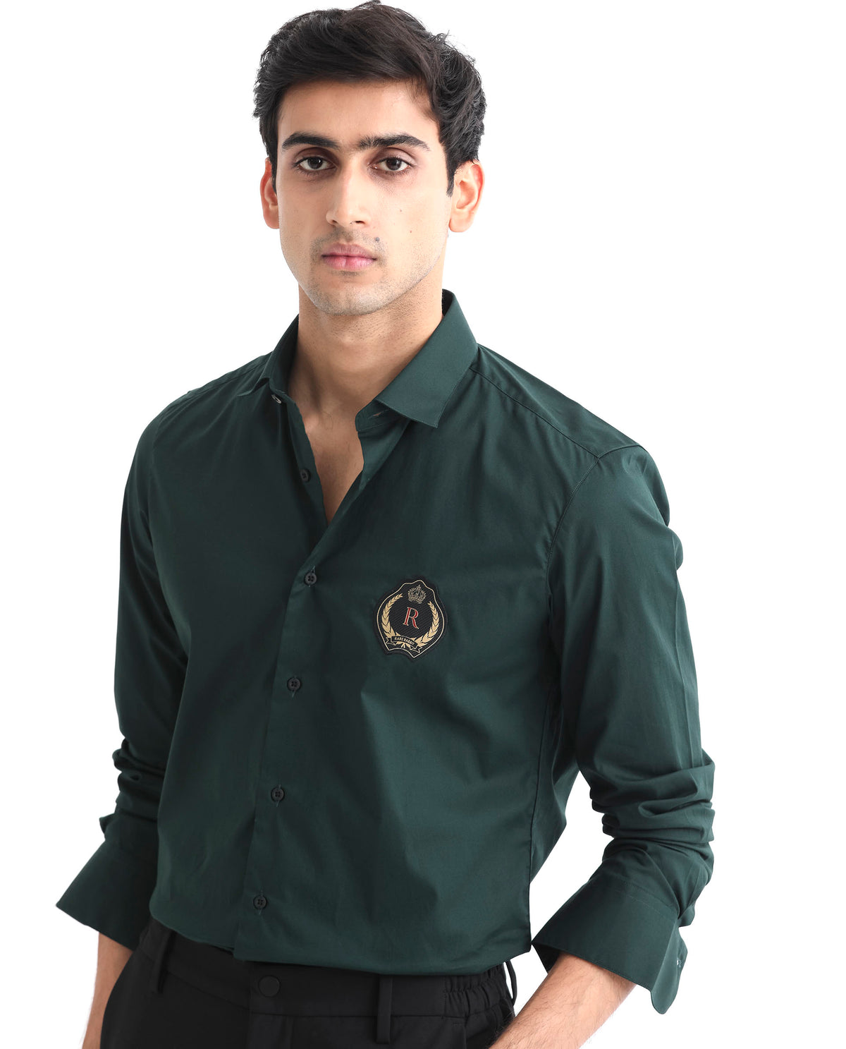 Rare Rabbit Men's Cron Dark Green Cotton Lycra Fabric Full Sleeves Shirt