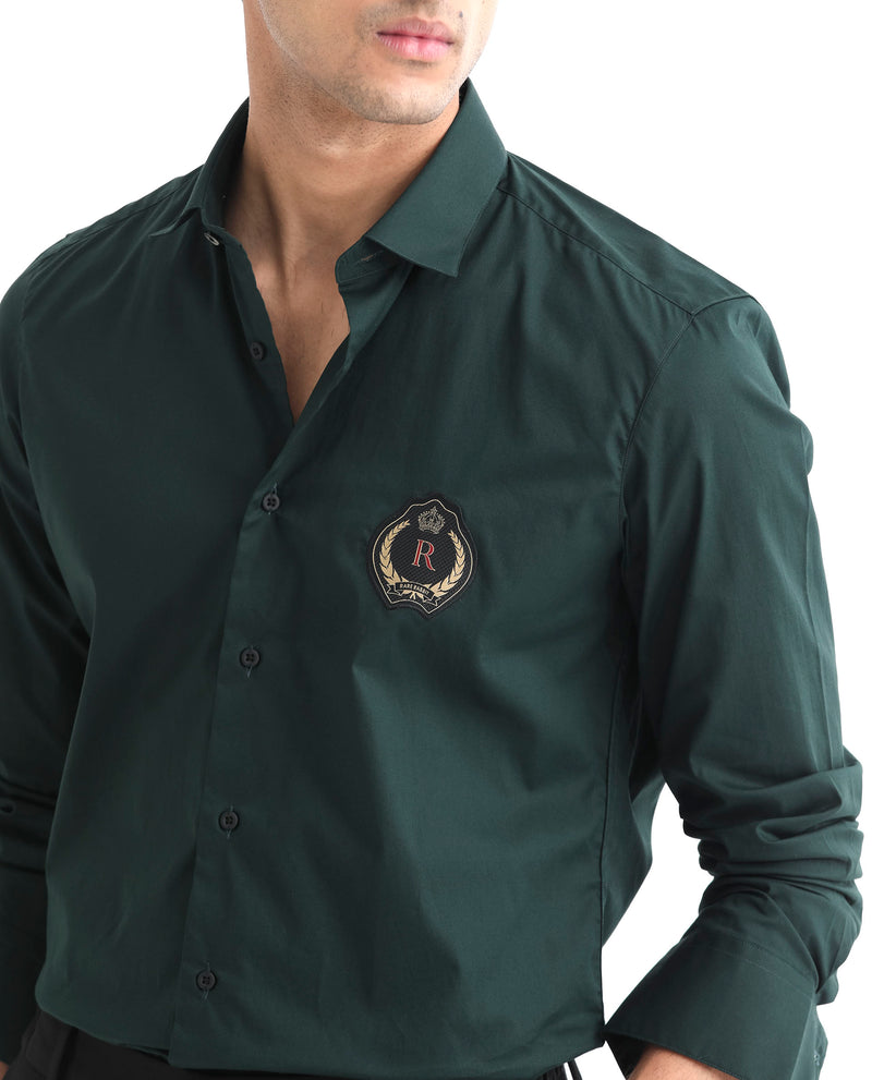 Rare Rabbit Men's Cron Dark Green Cotton Lycra Fabric Full Sleeves Shirt