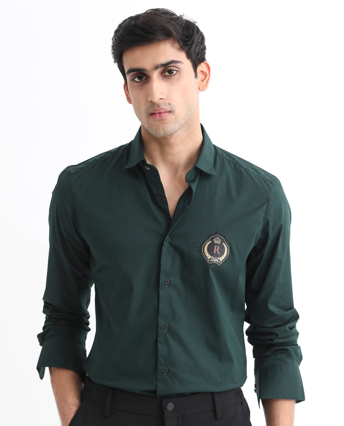 Rare Rabbit Men's Cron Dark Green Cotton Lycra Fabric Full Sleeves Shirt