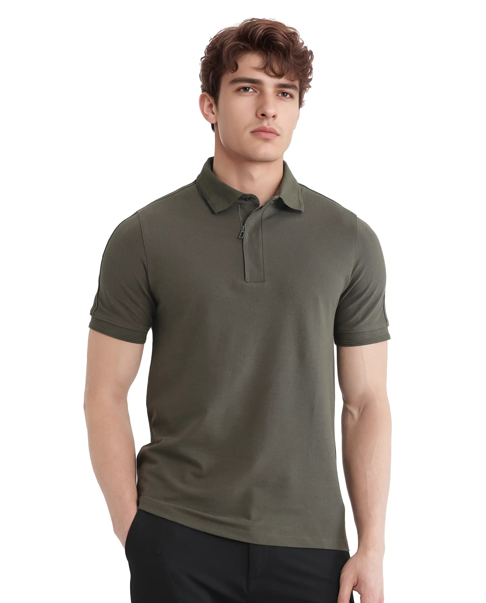 Rare Rabbit Men's Cron Olive Cotton Fabric Half Sleeve Spread Collar Regular Fit Plain Polo