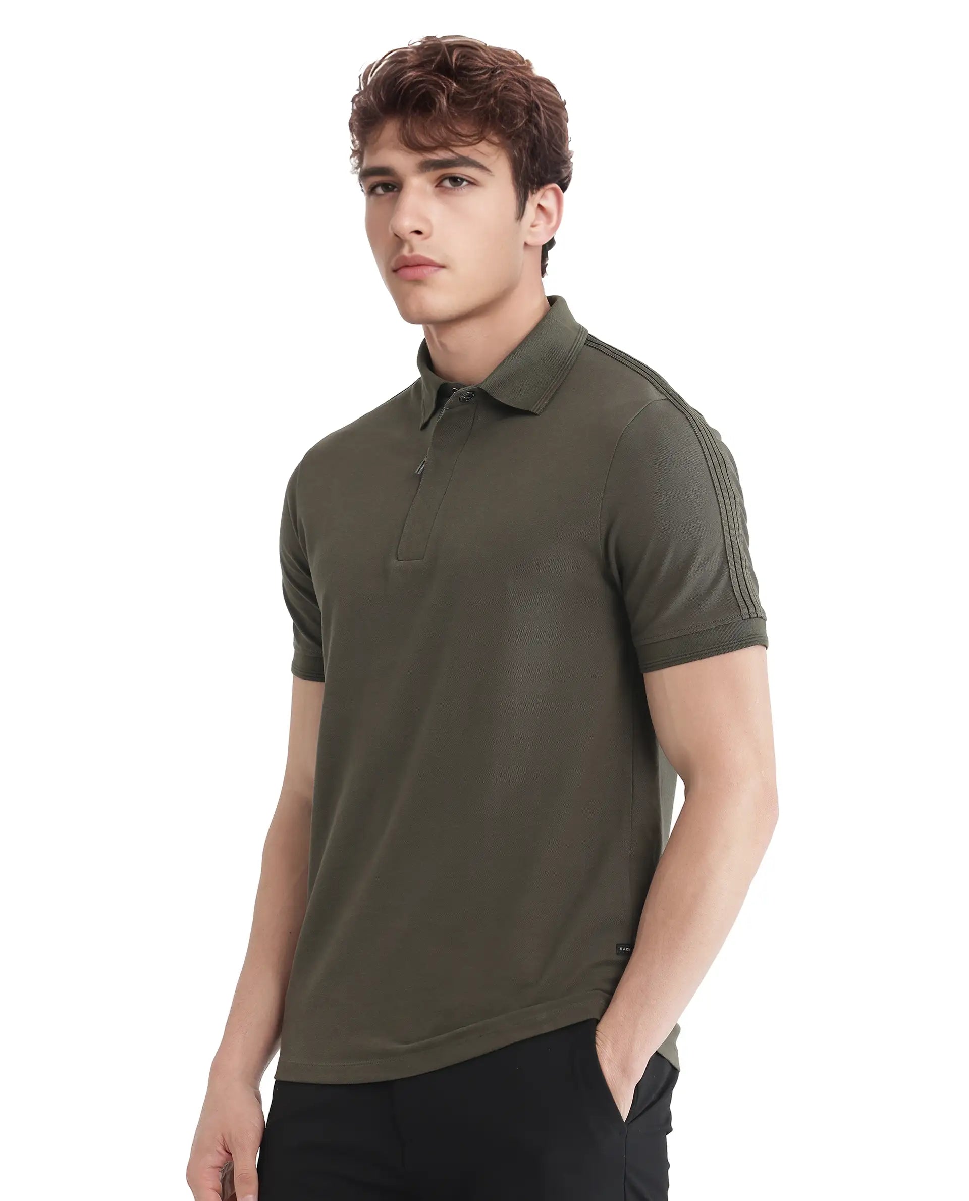 Rare Rabbit Men's Cron Olive Cotton Fabric Half Sleeve Spread Collar Regular Fit Plain Polo