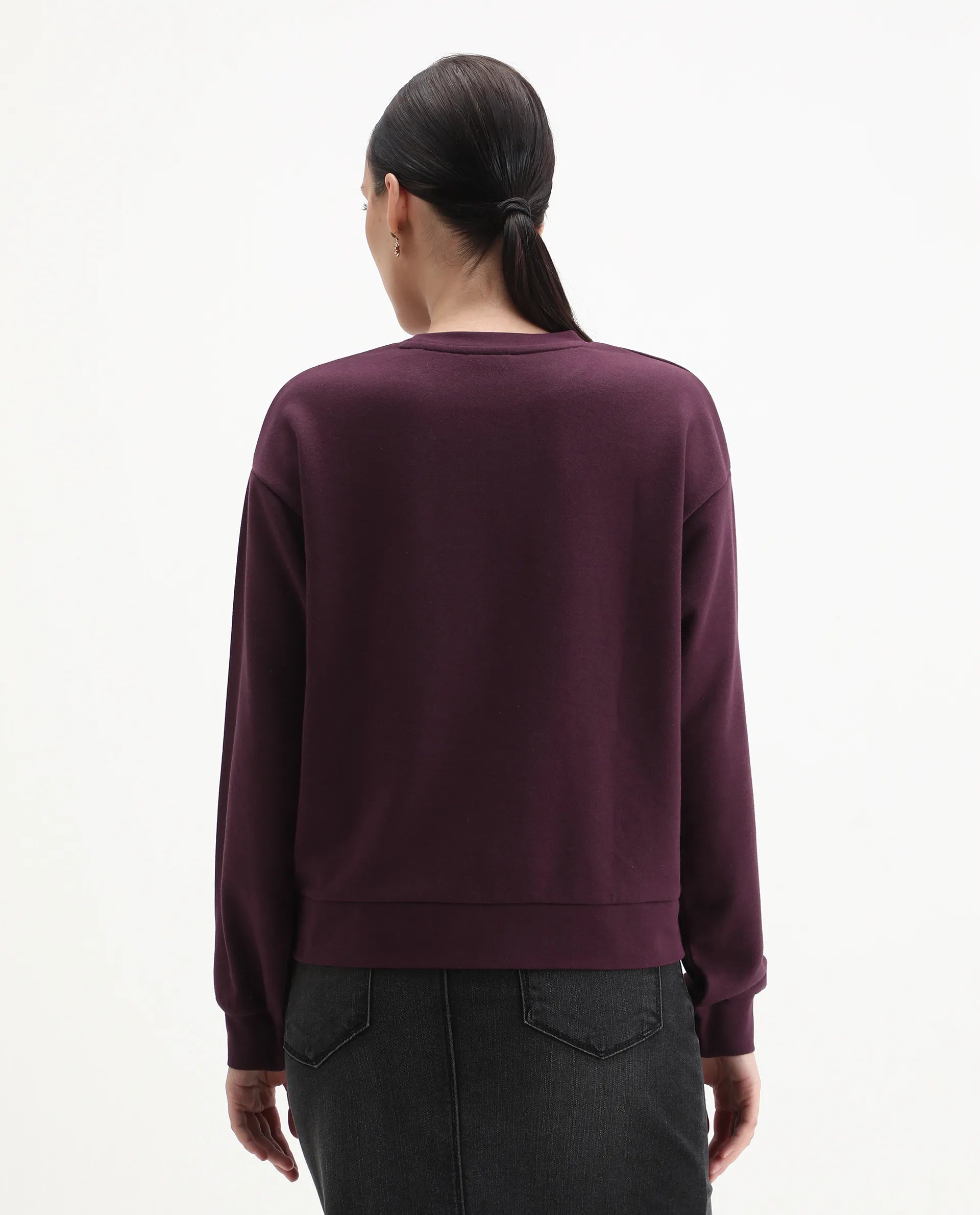 Rareism Women's Cros Dark Maroon Cotton Blend Crew Neck Regular Fit Printed Sweatshirt