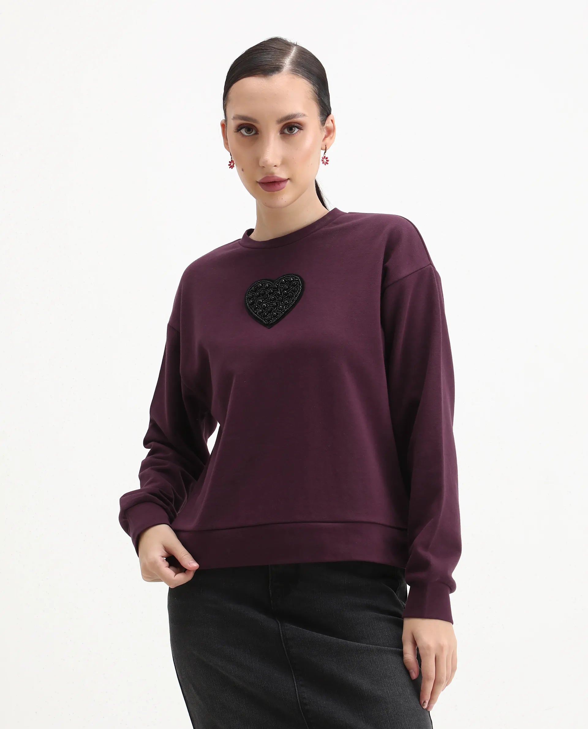Rareism Women's Cros Dark Maroon Cotton Blend Crew Neck Regular Fit Printed Sweatshirt