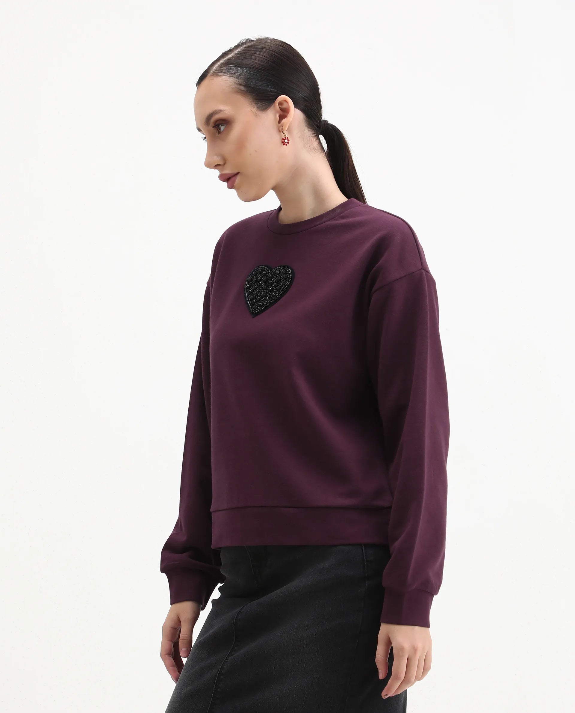Rareism Women's Cros Dark Maroon Cotton Blend Crew Neck Regular Fit Printed Sweatshirt