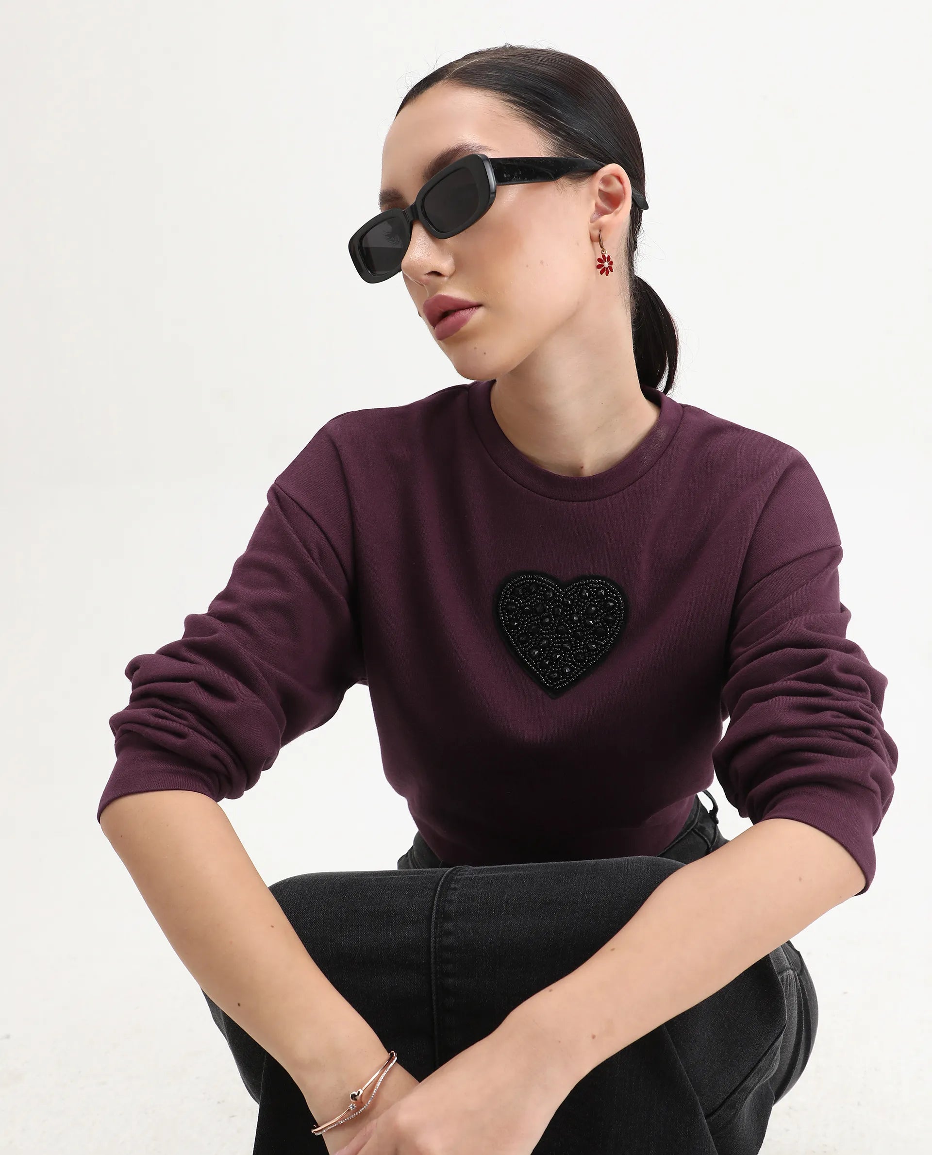 Rareism Women's Cros Dark Maroon Cotton Blend Crew Neck Regular Fit Printed Sweatshirt