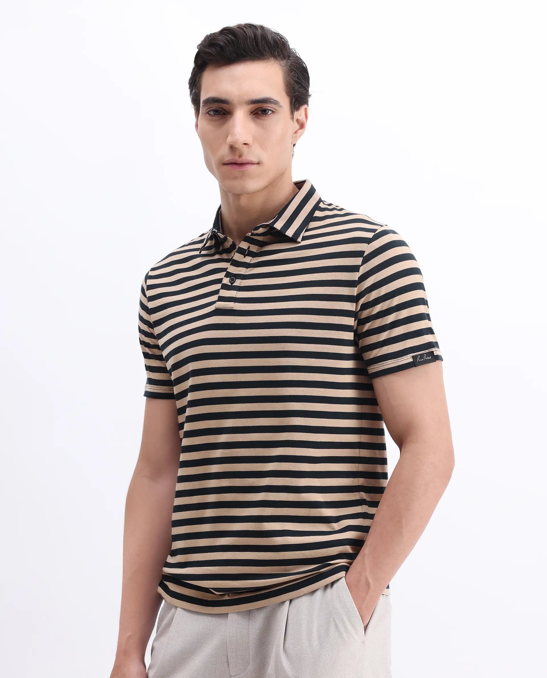 Rare Rabbit Men's Crossings Navy Cotton Striped Print Regular Fit Half Sleeve Polo