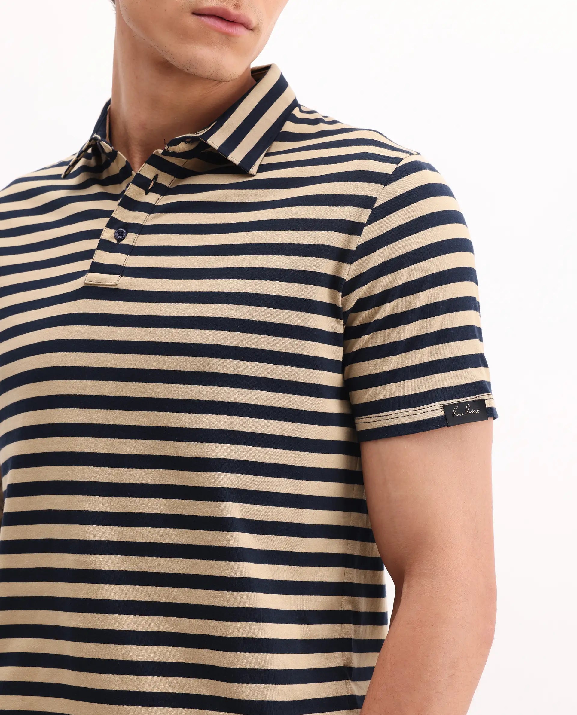 Rare Rabbit Men's Crossings Navy Cotton Striped Print Regular Fit Half Sleeve Polo