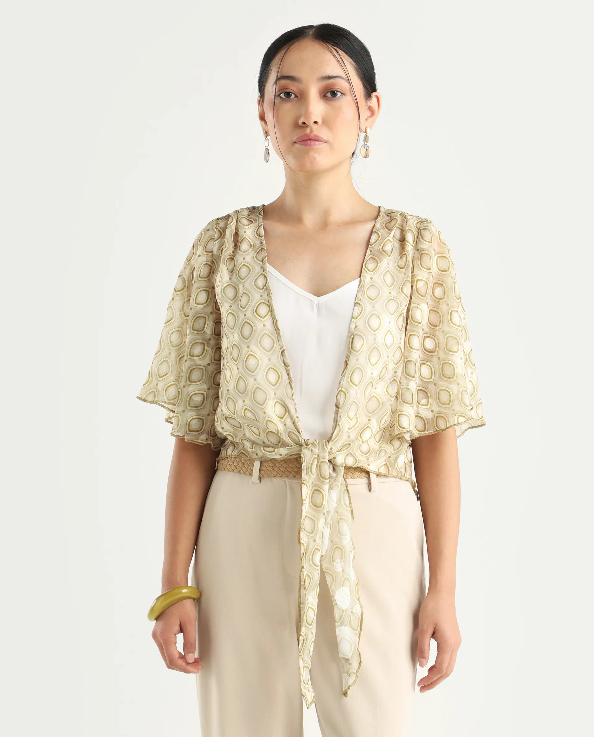 Rareism Women's Crotone Light Beige Polyester Collarless Geometric Print Ruffled Sleeve Crop Relaxed Fit Top