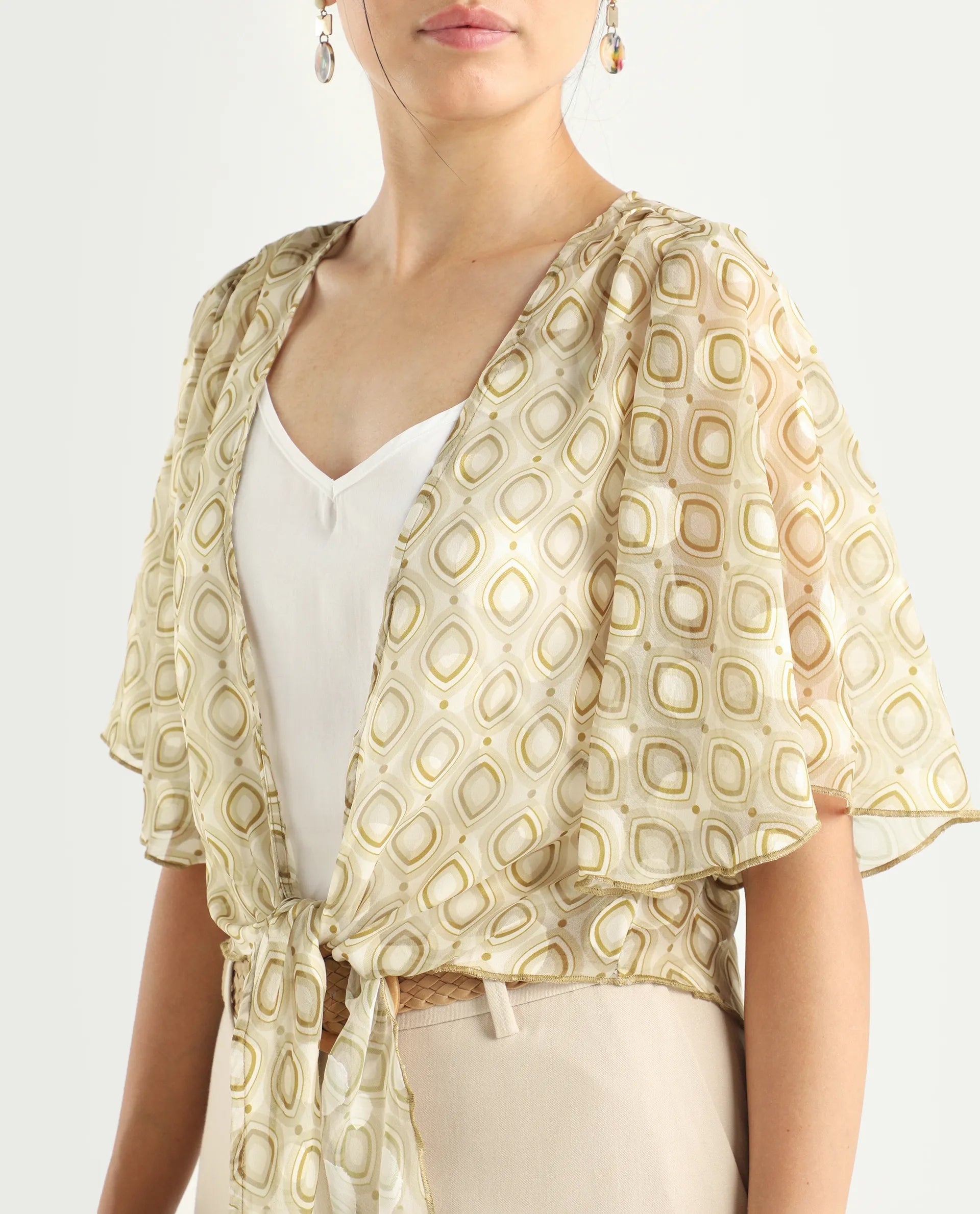 Rareism Women's Crotone Light Beige Polyester Collarless Geometric Print Ruffled Sleeve Crop Relaxed Fit Top