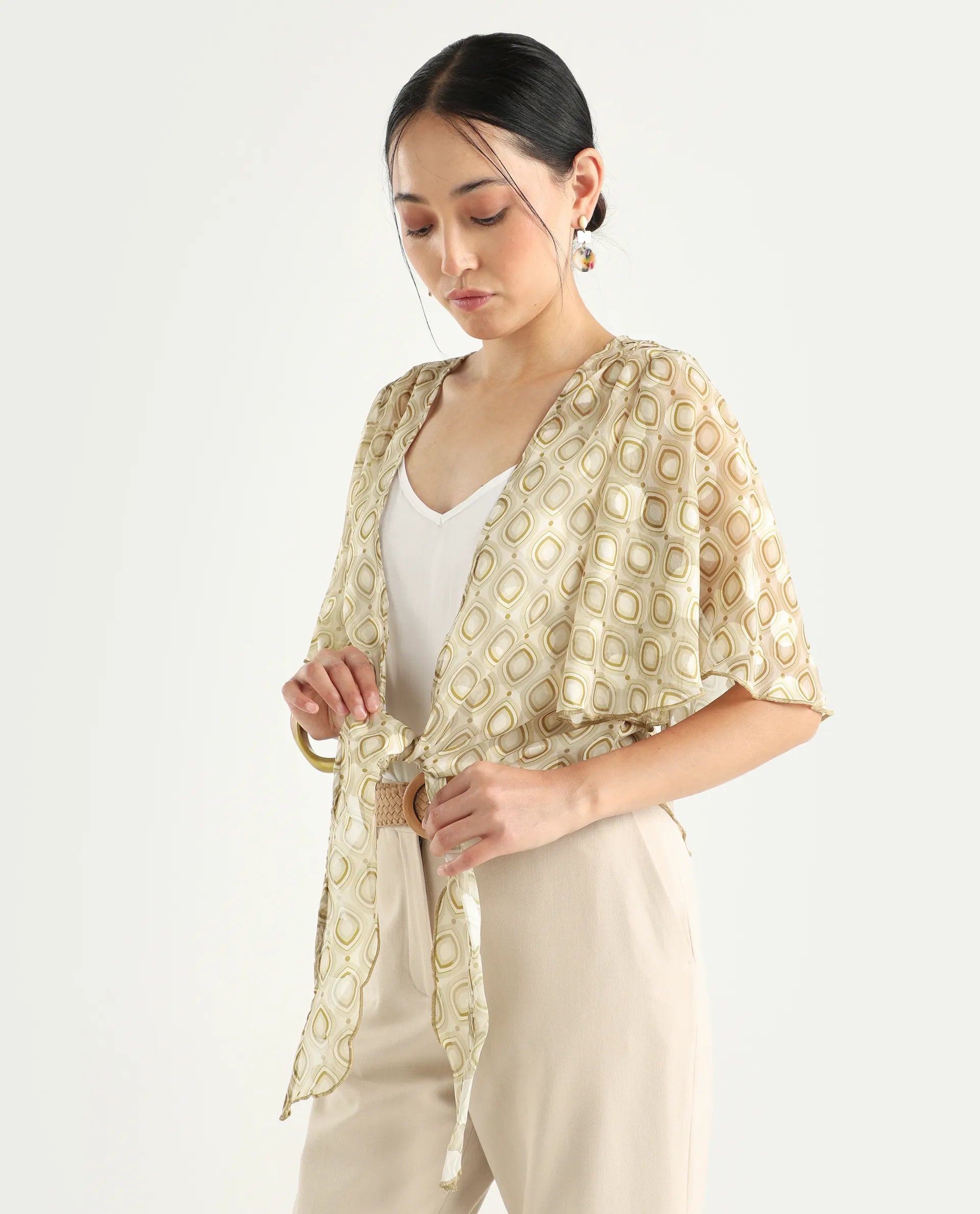 Rareism Women's Crotone Light Beige Polyester Collarless Geometric Print Ruffled Sleeve Crop Relaxed Fit Top