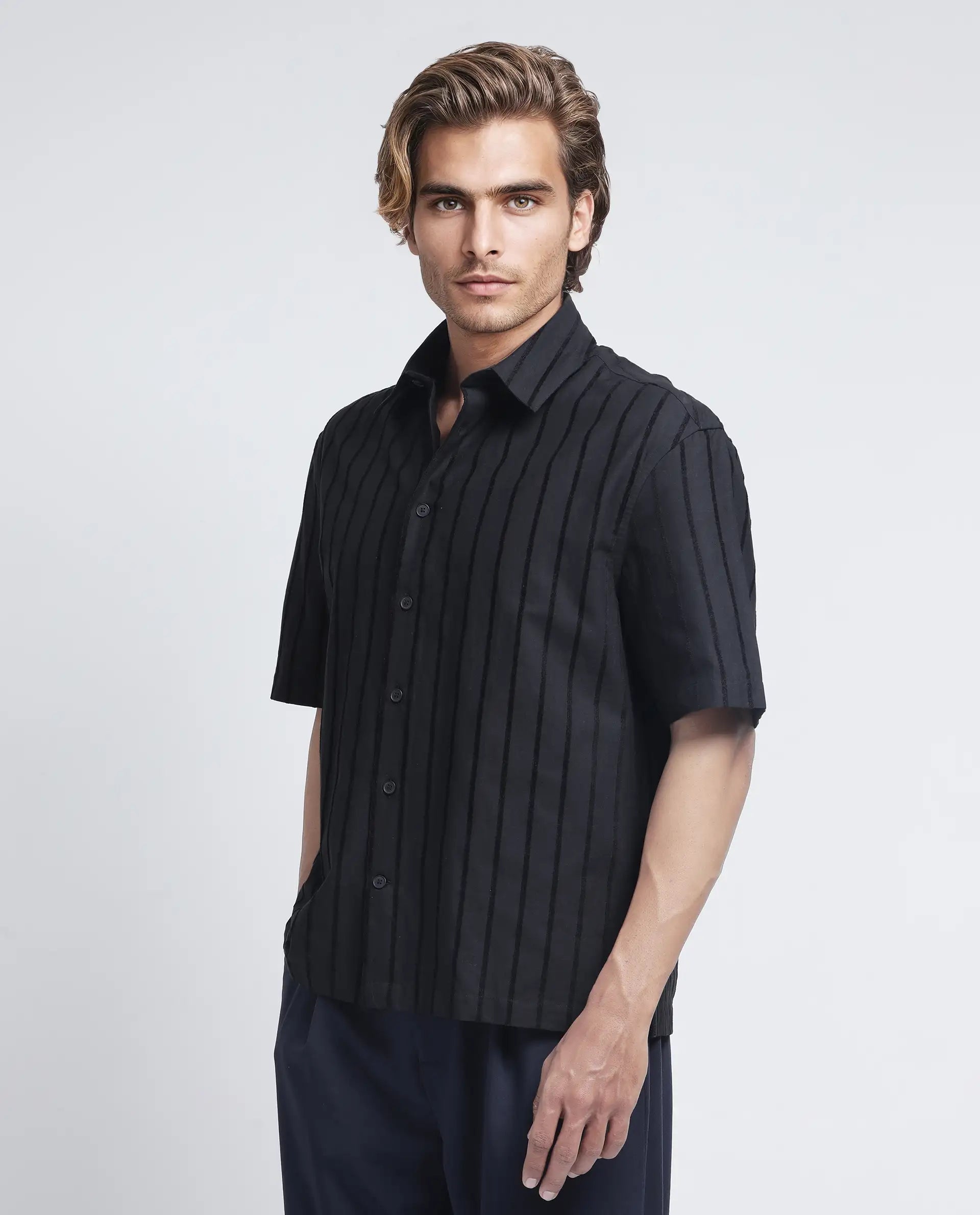 Rare Rabbit Men's Croy Ss Black Cotton Striped Print Regular Fit Half Sleeve Collared Shirt