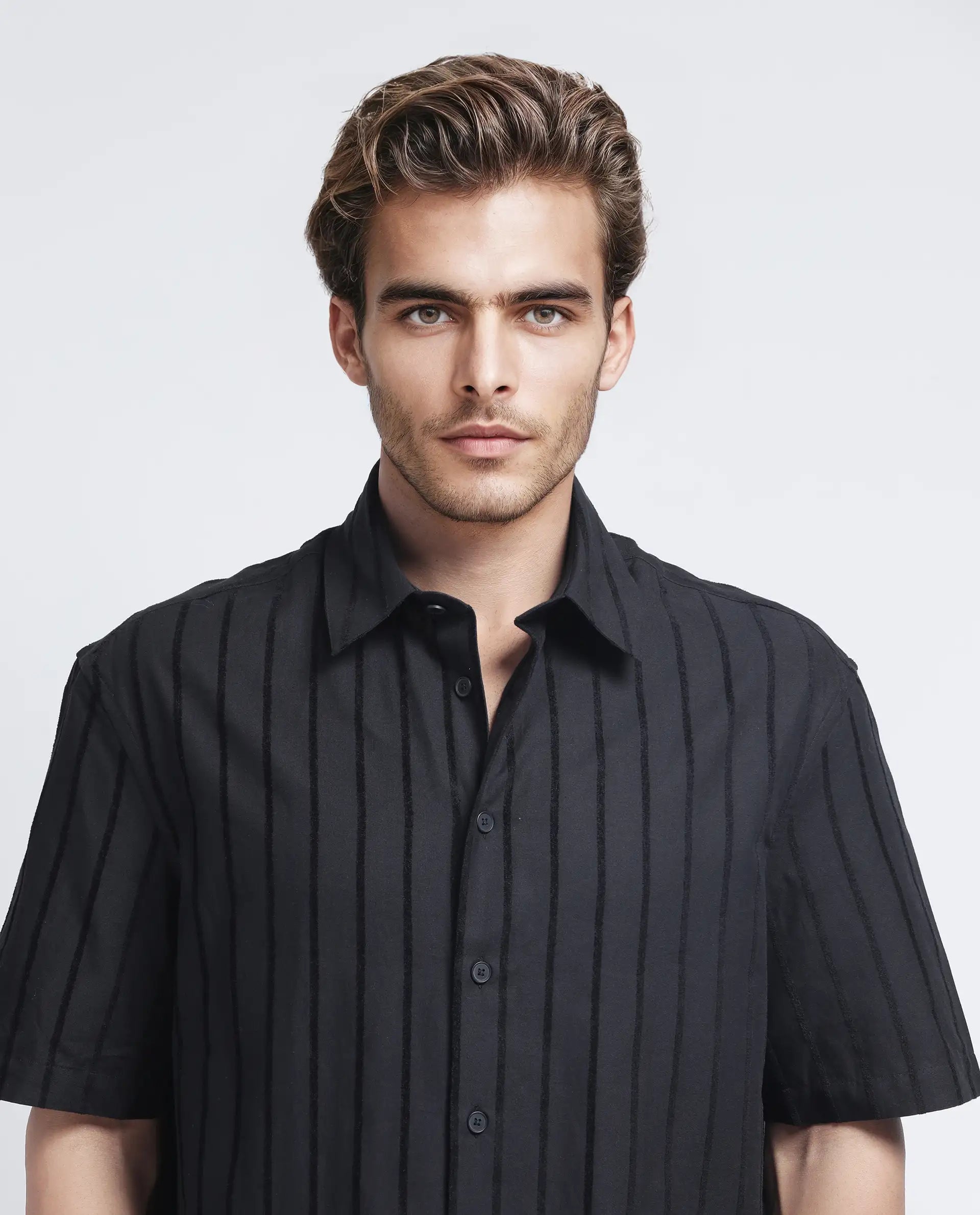 Rare Rabbit Men's Croy Ss Black Cotton Striped Print Regular Fit Half Sleeve Collared Shirt