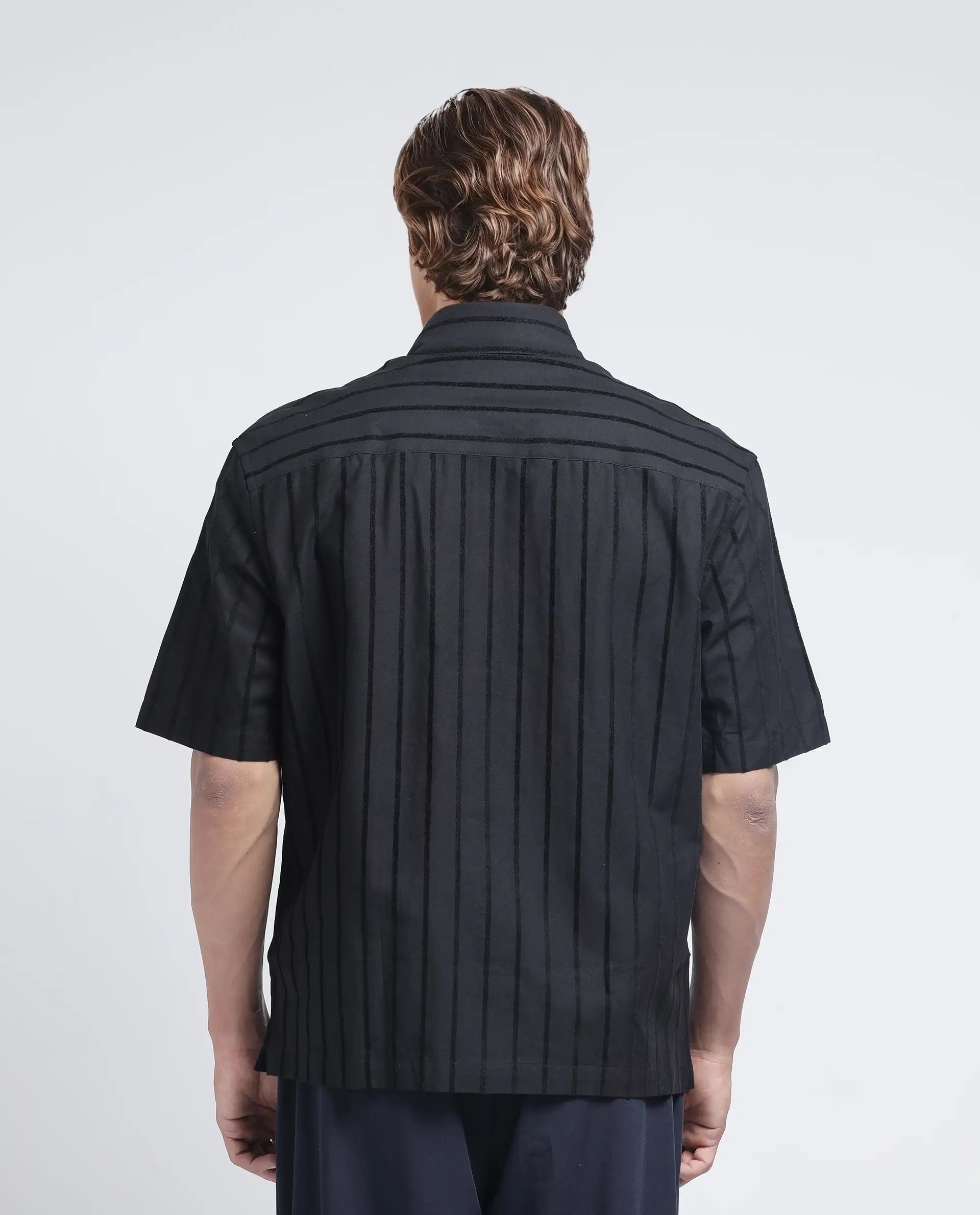 Rare Rabbit Men's Croy Ss Black Cotton Striped Print Regular Fit Half Sleeve Collared Shirt