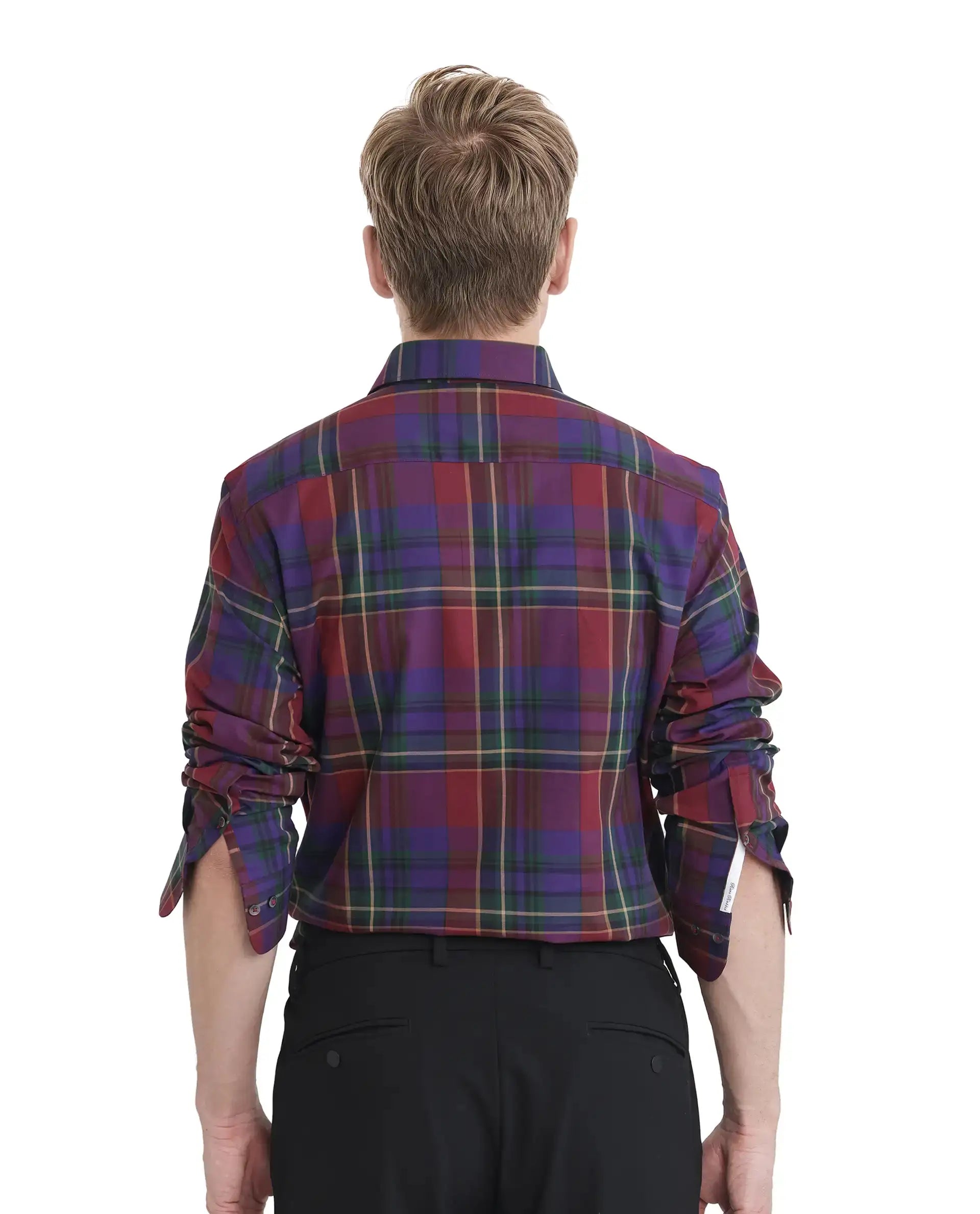 Rare Rabbit Men's Cruner Dark Purple Cotton Blend Checked Print Regular Fit Full Sleeve Collared Shirt