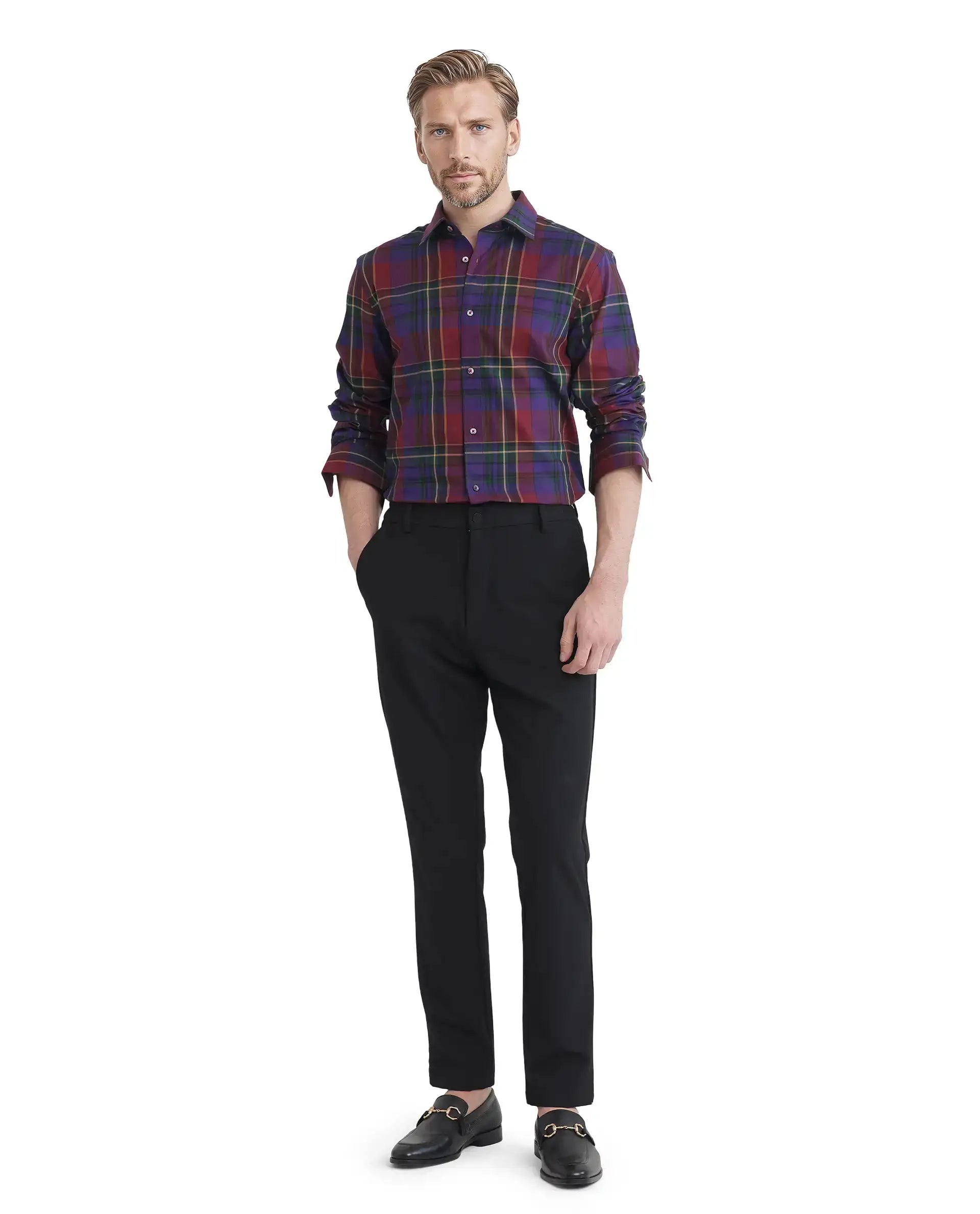 Rare Rabbit Men's Cruner Dark Purple Cotton Blend Checked Print Regular Fit Full Sleeve Collared Shirt